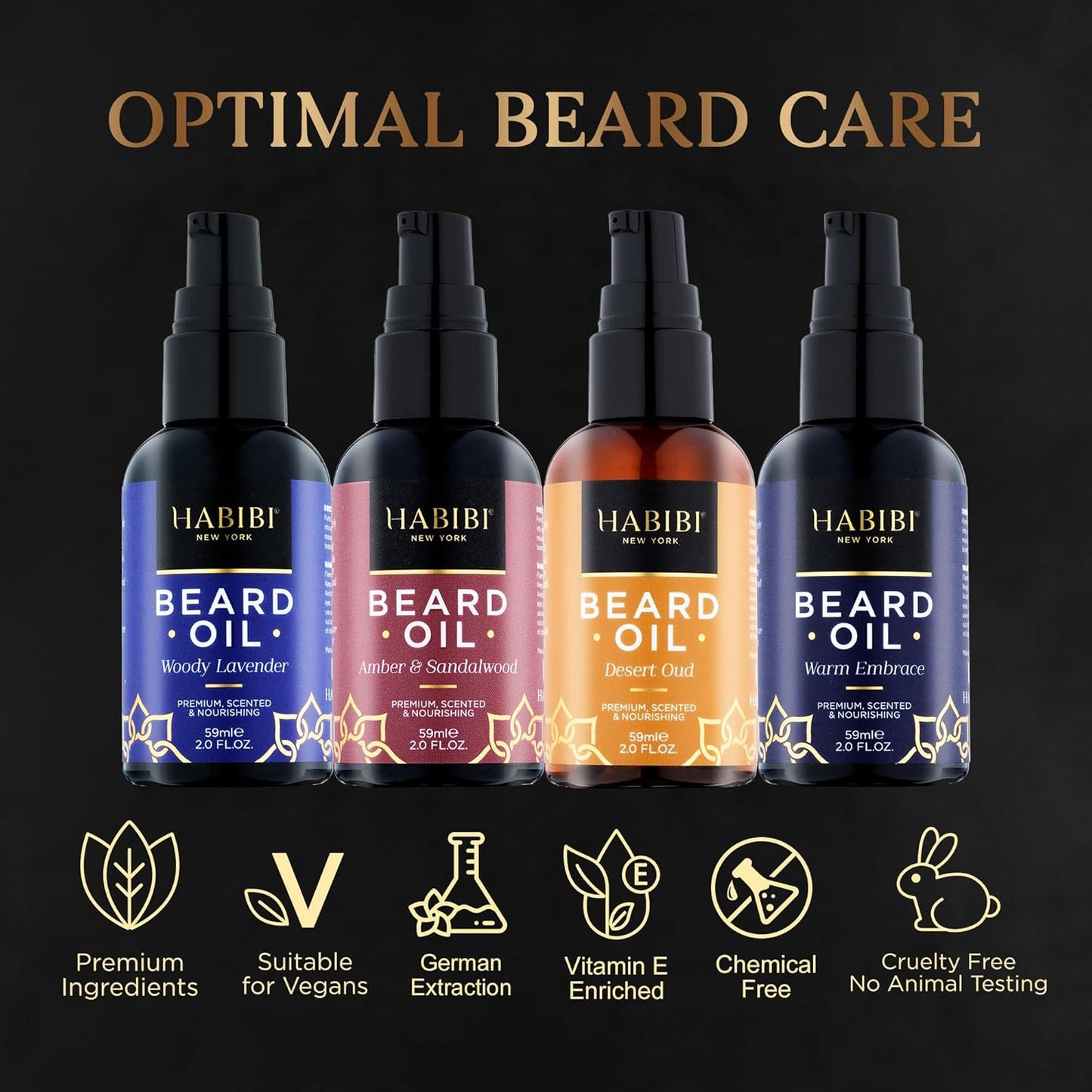H HABIBI Beard Oil Collection – 4 Pack, 2.0 Fl. Oz Each, Naturally Derived Beard Growth Oil for Men, Beard Care Essentials – Nourishes, Softens & Promotes Healthy Beard Growth