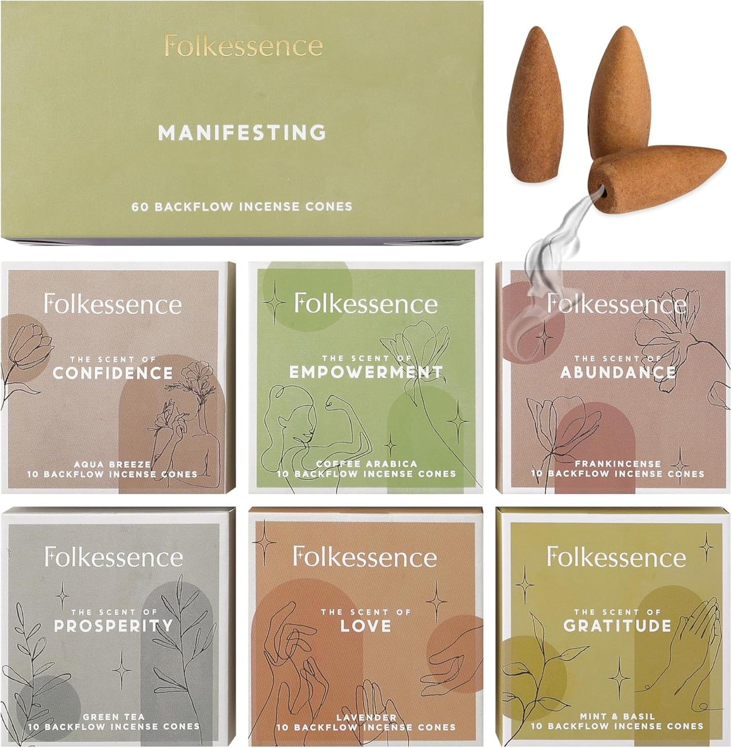 Folkulture Backflow Incense Cones for Waterfall | Set of 6 Waterfall Incense Cones for Gifts for Her | Aqua Breeze, Mint & Basil, Lavender, Green Tea Inscents-Cones (Manifesting)