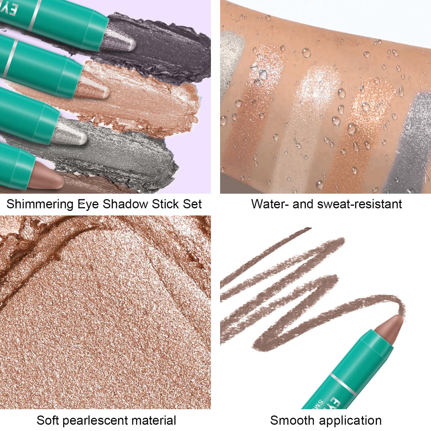 4Pcs Eyeshadow Stick, Cream Eye Shadow Brightener Sticks Set for Eyes, Champagne Pearl Taupe Bronze Cocoa Stone Putty Smoky Amethyst Shimmer Matte Pencil Eye Eye Liner Makeup Waterproof (4PCS A)
