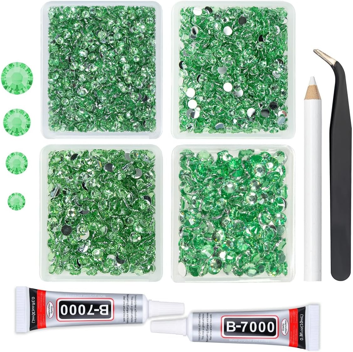 Light Green Crystal Resin Rhinestones w B7000 Jewelry Glue for Bedazzling Crafting 3mm 4mm 5mm 6mm Flatback Stones Diamonds Crystals Gems Charms Supplies for Nails Face Makeup Tumblers Crafts