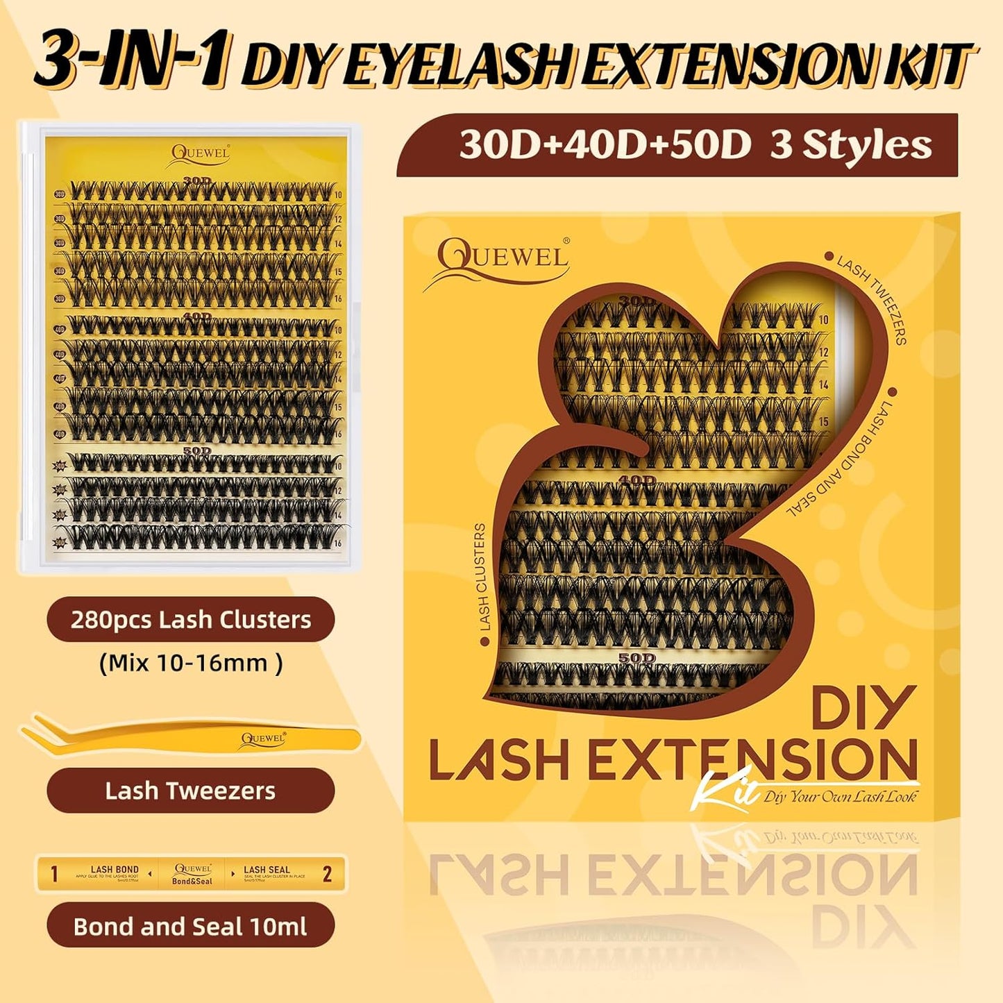 QUEWEL Lash-Clusters-Kit, 30+40+50D-Lash-Clusters Mixed 10-16mm Soft DIY-Lash-Extension-Kit with Lash Bond and Seal Waterproof, and Eyelash Clusters Tweezers Easy DIY at Home(30+40+50 KIT)