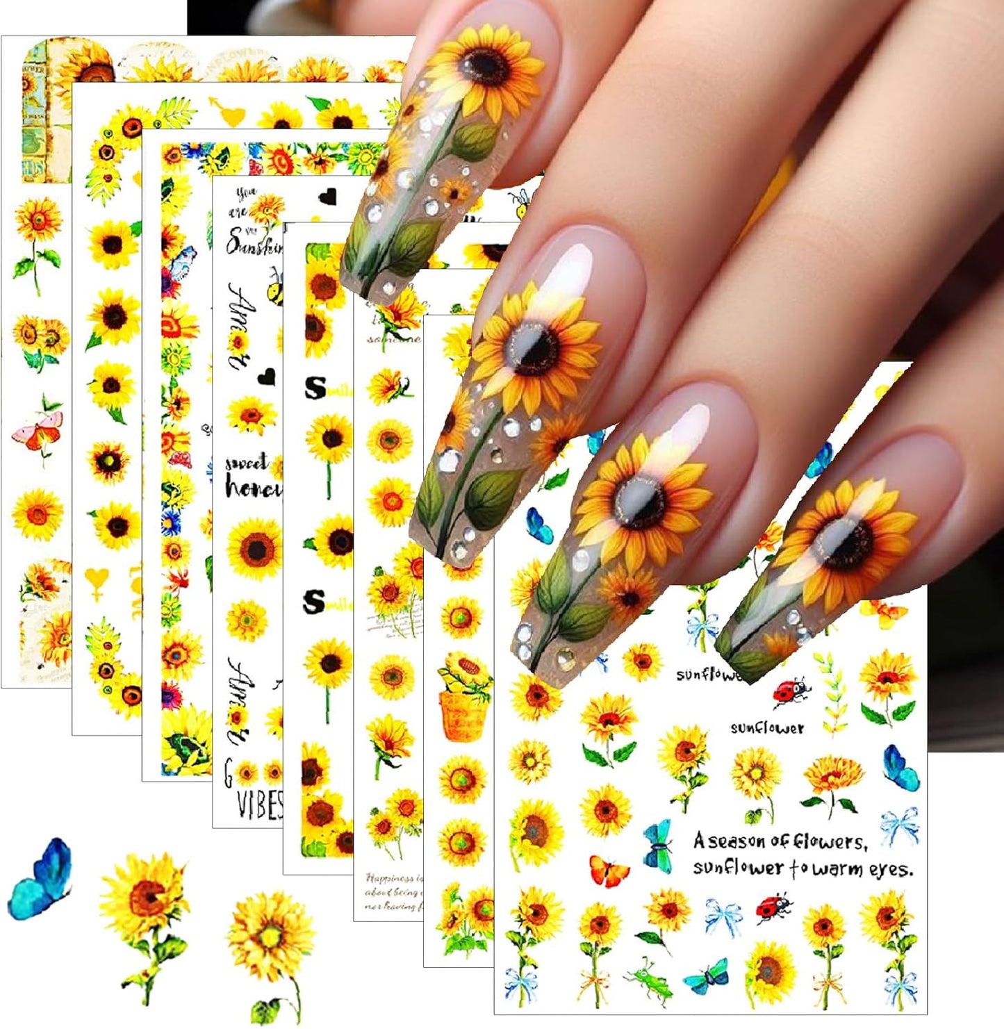 8 Sheets Sunflower Nail Art Stickers 3D Self-Adhesive Cute Yellow Bee Butterfly Spring Summer Sunshine Floral Design Small Daisy Flowers Nails Decals for Women Girls Summer Manicure Decoration