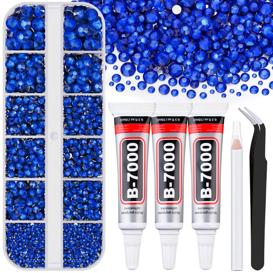 Resin Rhinestones for Crafting with B7000 Jewelry Glue, 1 Box Royal Blue Flatback Crystals with 3Pcs 10ml Glue for Bedazzling Crafts DIY Nail Art Makeup，Non Hotfix Gems for Clothing Shoes