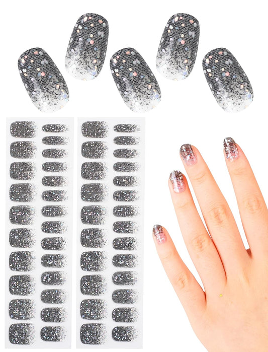 48 Pcs UV-Free Semi Cured Gel Nail Stickers for Women, No UV Light Needed Press on Self-Adhesive Nail Polish Strips Kit with Nail File Glitter Nail Art Wraps (Black)(Black)