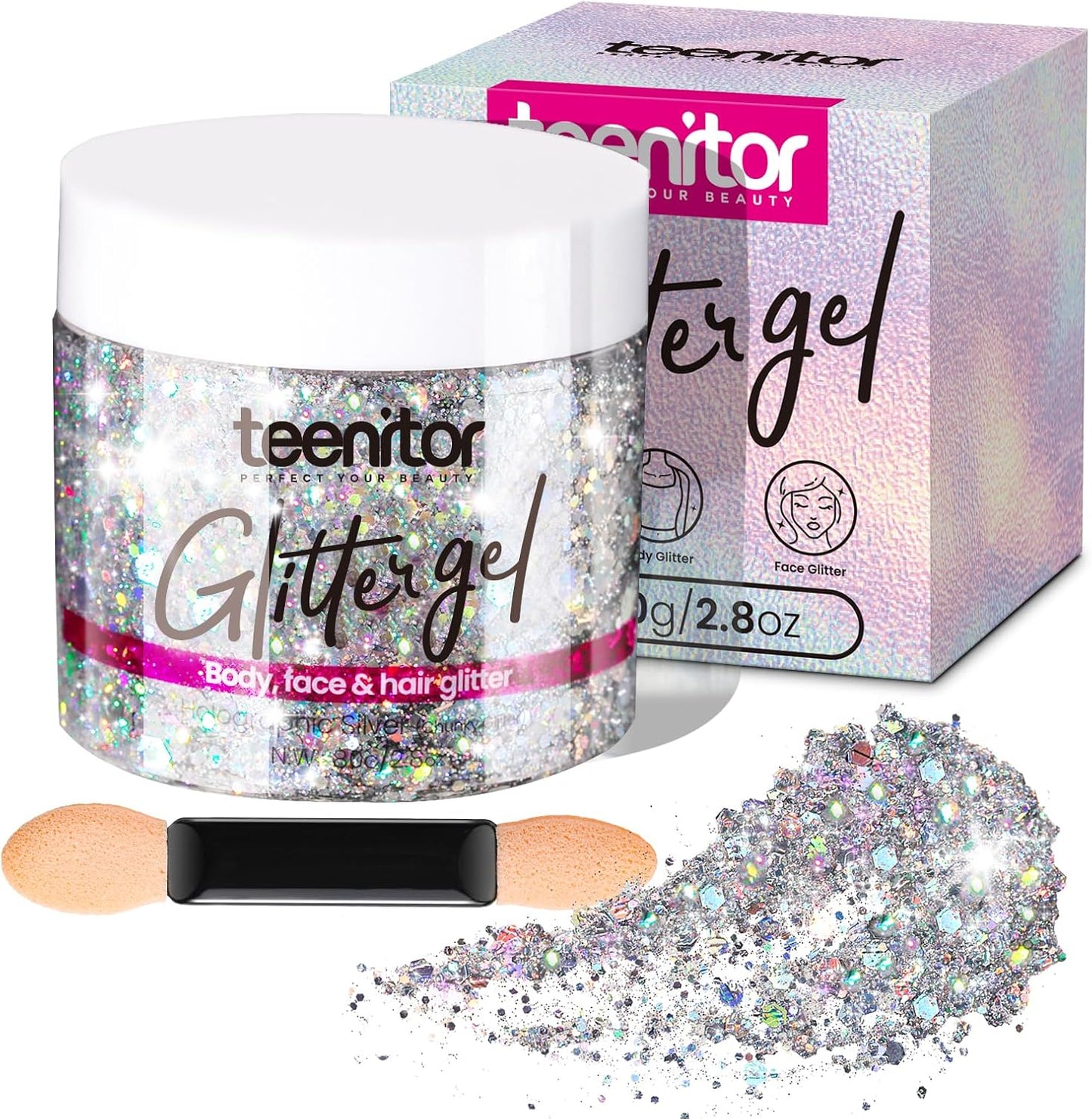 Teenitor Body Glitter, Body Glitter Gel, Hair Glitter, Face Glitter, Holographic Chunky Makeup Silver Glitter Gel for Face, Makeup, Hair, Eye