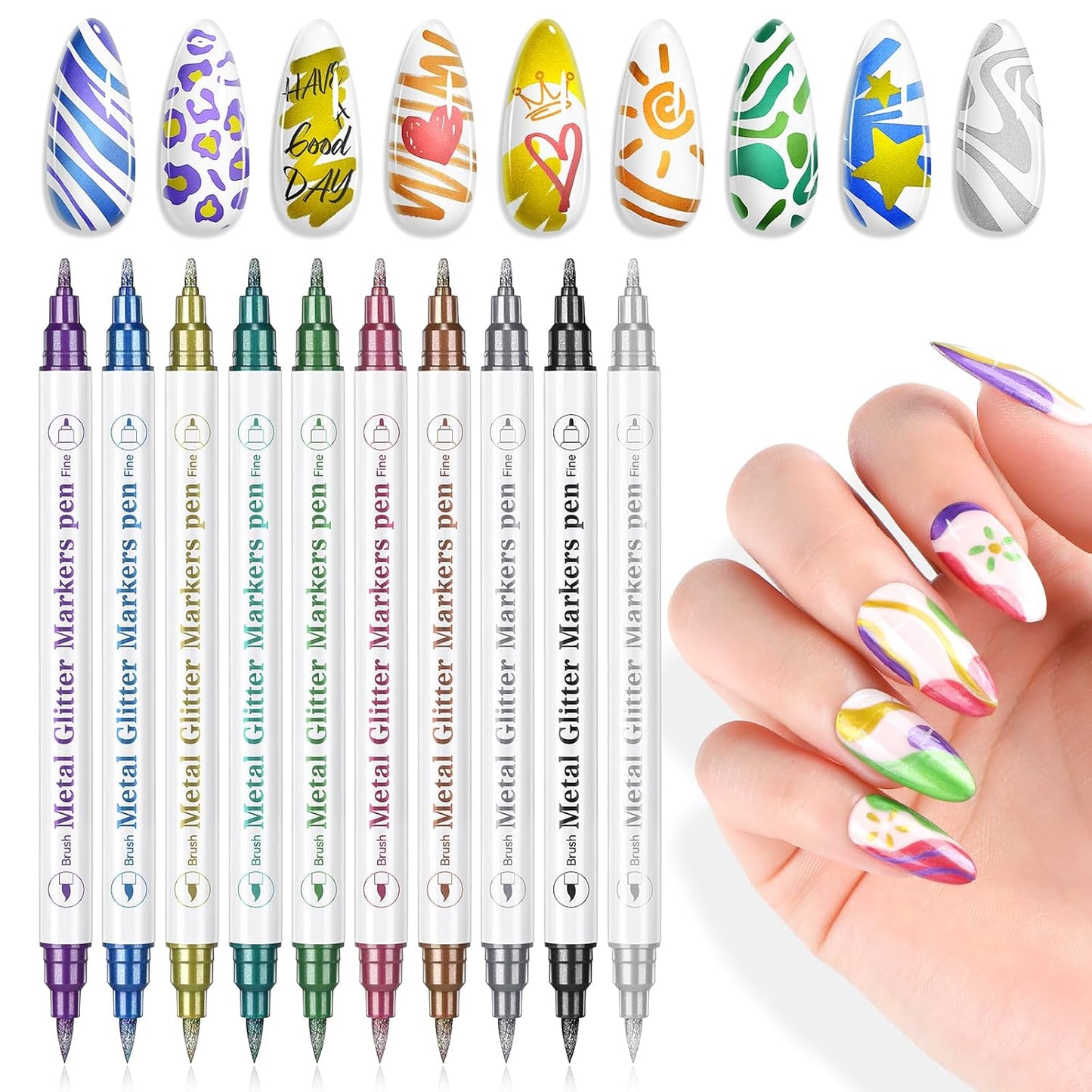 SAVILAND Essentials Nail Art Pens Set: 10 Colors Double Ended Quick Dry Nail Polish Pens for Nail Art Design Painting Drawing Liner Brush Dotting Tool Metallic Nail Paint Markers Pen Home Manicure DIY