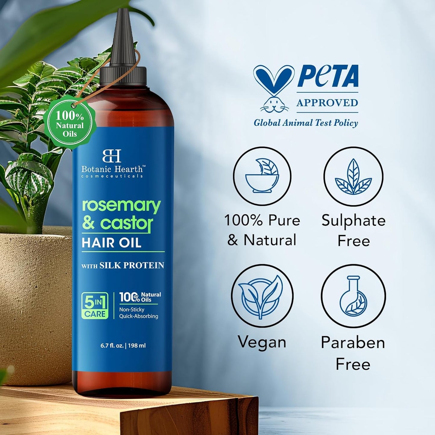 Botanic Hearth Rosemary & Castor Hair Oil (6.7 Fl Oz) |Nourishing And Strengthening Hair Treatment For Thicker, Healthier|Looking Hair | Paraben Free | Suitable For All Hair Types