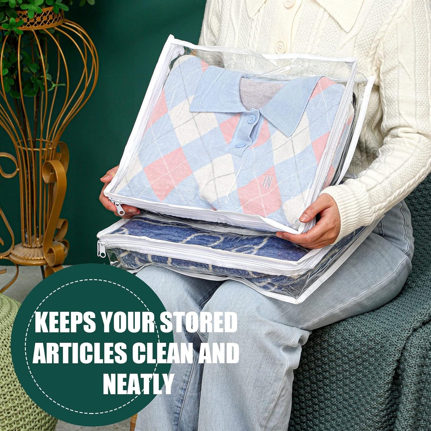 Hoolerry 6 Pieces Sweater Storage Bags Plastic Clear PVC Clothes Storage Bags with Zipper and Label for Blankets Clothes Closet Quilt Pillow Bed Sheet Organizer(15.7 x 13.7 x 3.9 Inch)