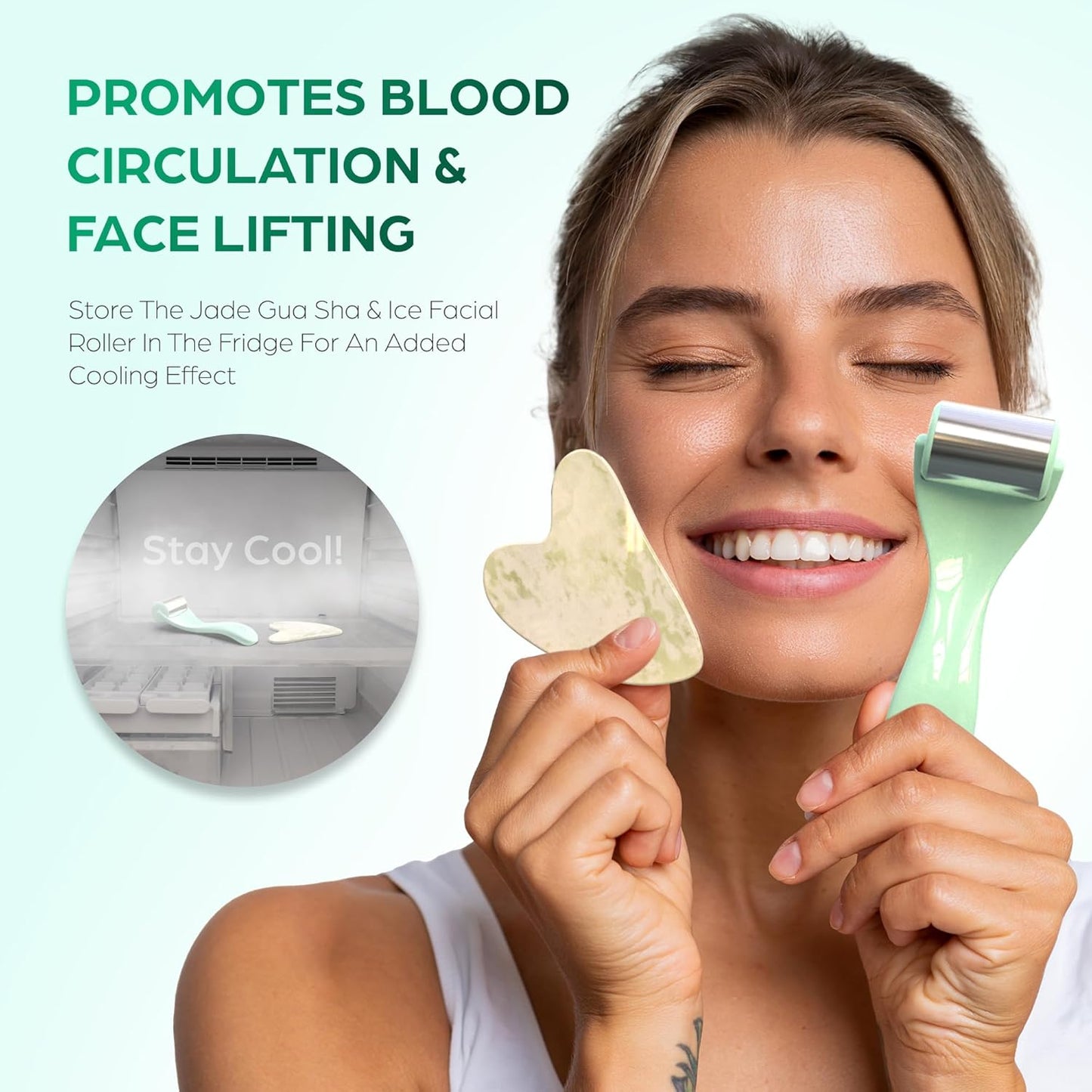 Bella Ciao 3-in-1 Anti-Aging Skin Care Set, Skin Care Set for Teens, Includes Jade Gua Sha, Makeup Removal Pad, Ice Roller Facial Massager, Gua Sha Facial Tools, Gua Sha Stone