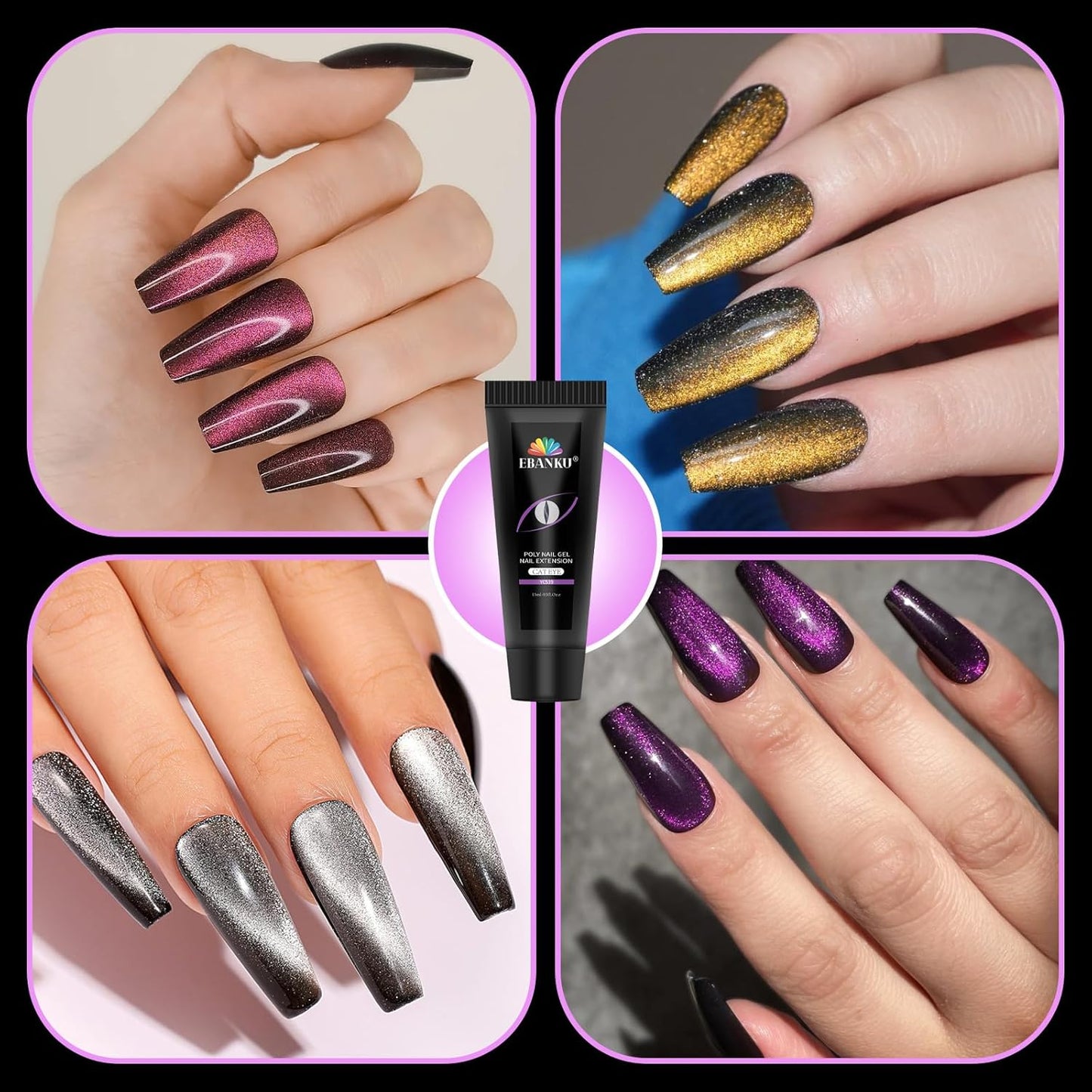 Poly Gel Nail Kit, EBANKU Cat Eye Poly Nails Extension Gel 6 Colors Glitter Magnetic Builder Gel Professional Nail Enhancement Kit for Halloween Women DIY