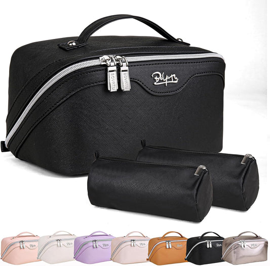 BOYATU Travel Makeup Bags for Women: Vegan Leather Cosmetic Bag Set of 3 - Large Capacity Make up Bag with Divider - Wide Open Waterproof Toiletry Organizer Bag with Handle (05-Black)