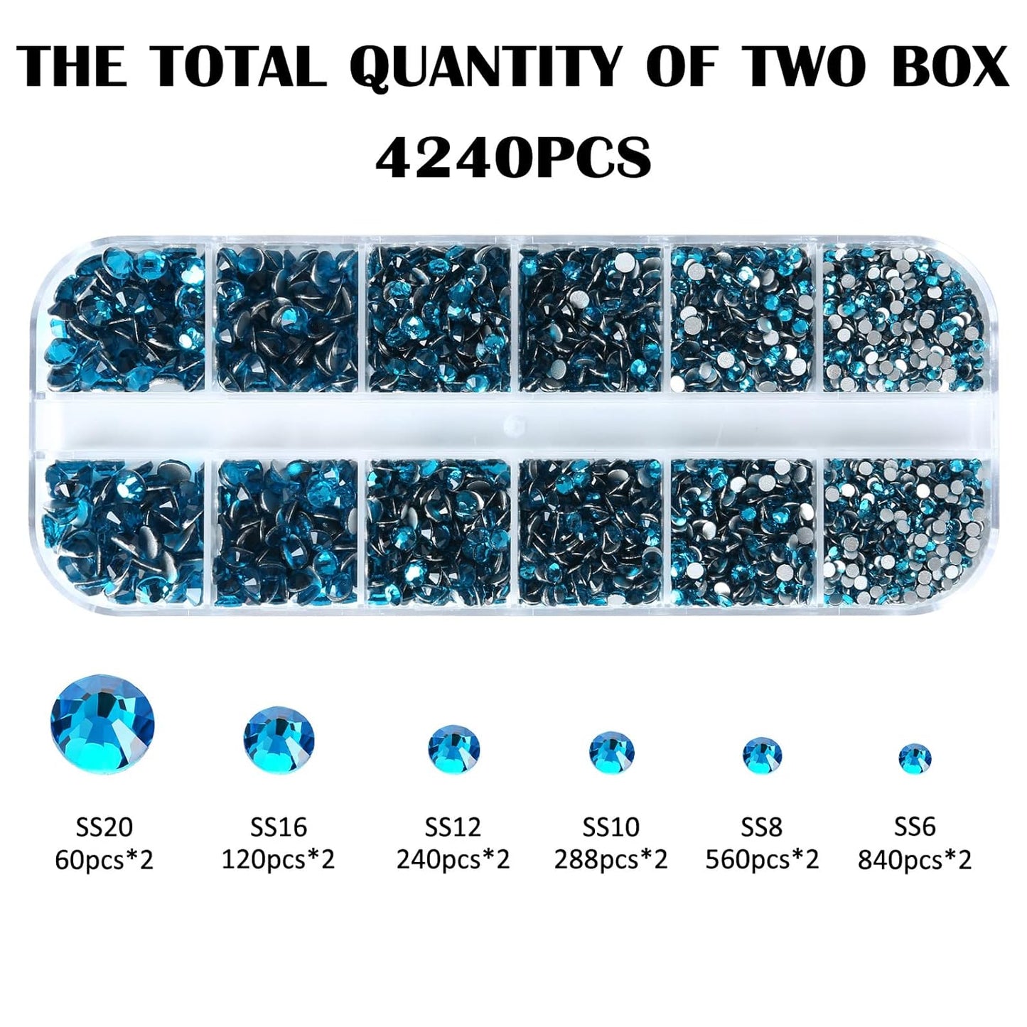 4240Pcs Malachite Blue Flatback Rhinestones 6 Sizes Crystal Diamonds for Nail Art Crafts Clothes Shoes with Tweezers and Picking Pen