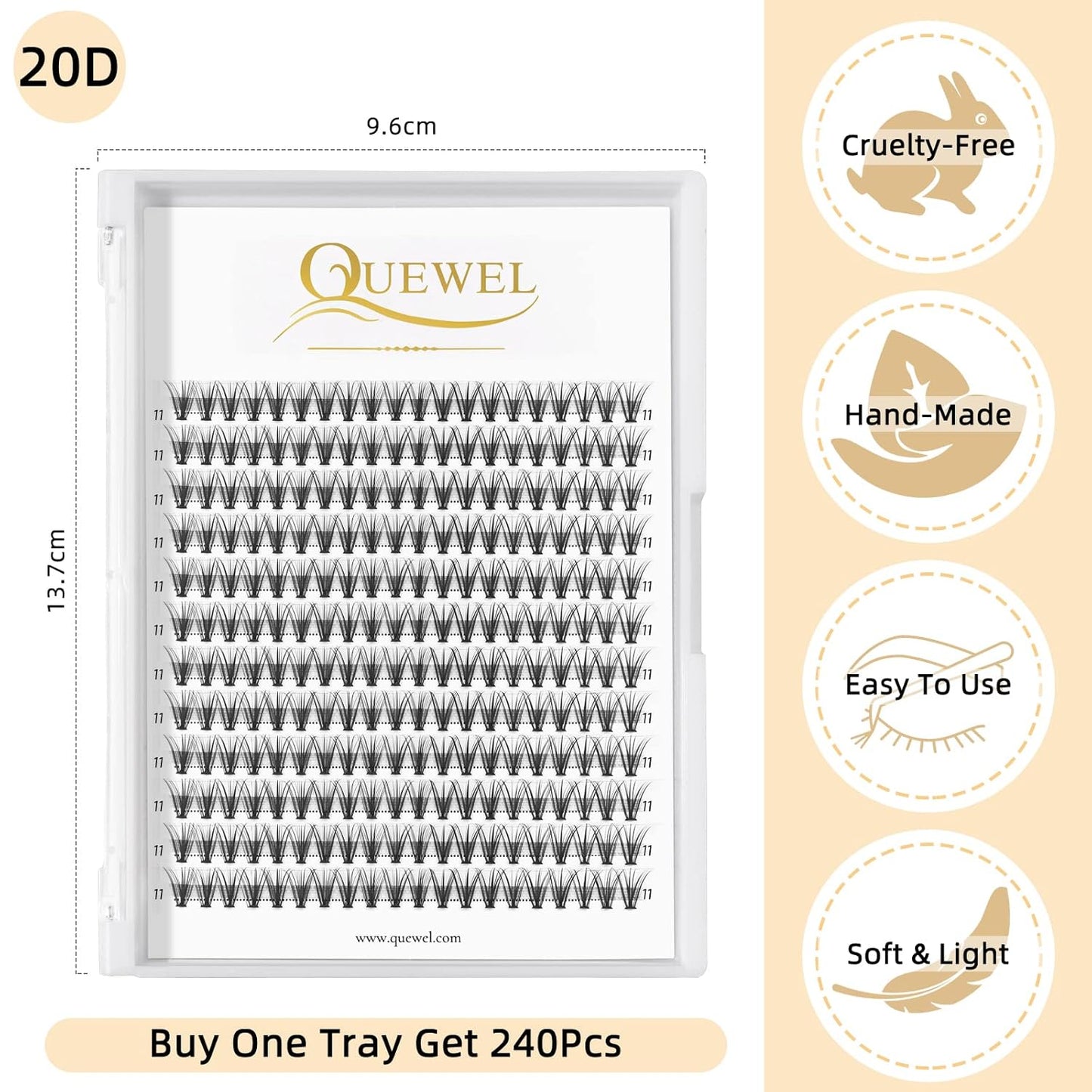 QUEWEL Lash Clusters 240Pcs Individual Lashes 20D 0.07D Curl 11mm Knot-Free Lash Extensions Clusters Lashes Soft&Natural False Eyelashes Individual DIY Eyelash Extension at Home(20D 0.07D 11)