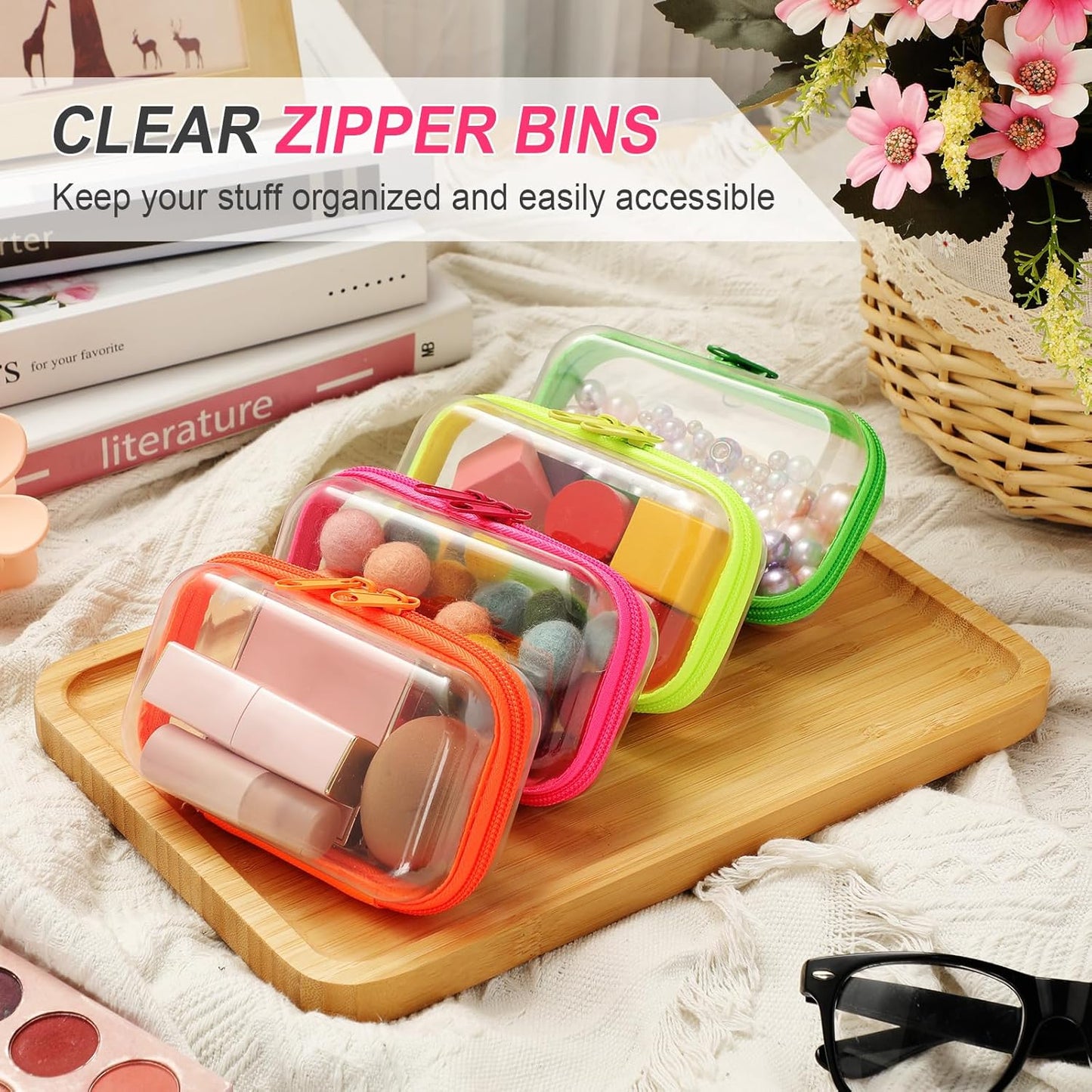 Hoolerry 4 Pcs Hard Clear Zipper Case Makeup Bags Plastic Pencil Pouch Transparent Storage Box Containers for Cosmetics, Snacks, Building Blocks, Puzzles(Fluorescent,5 x 3 x 2 in)
