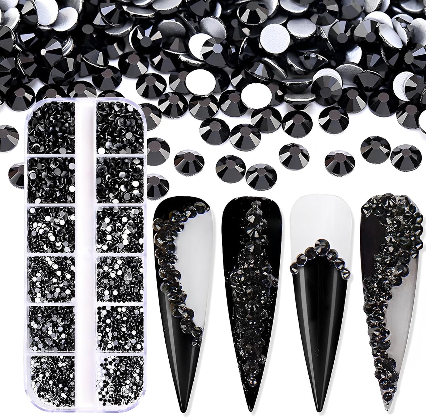 3600pcs Flatback Rhinestones Glass Charms Diamantes Gems Stones for Nail Art 6 Size ss4~ss12 Box Jet