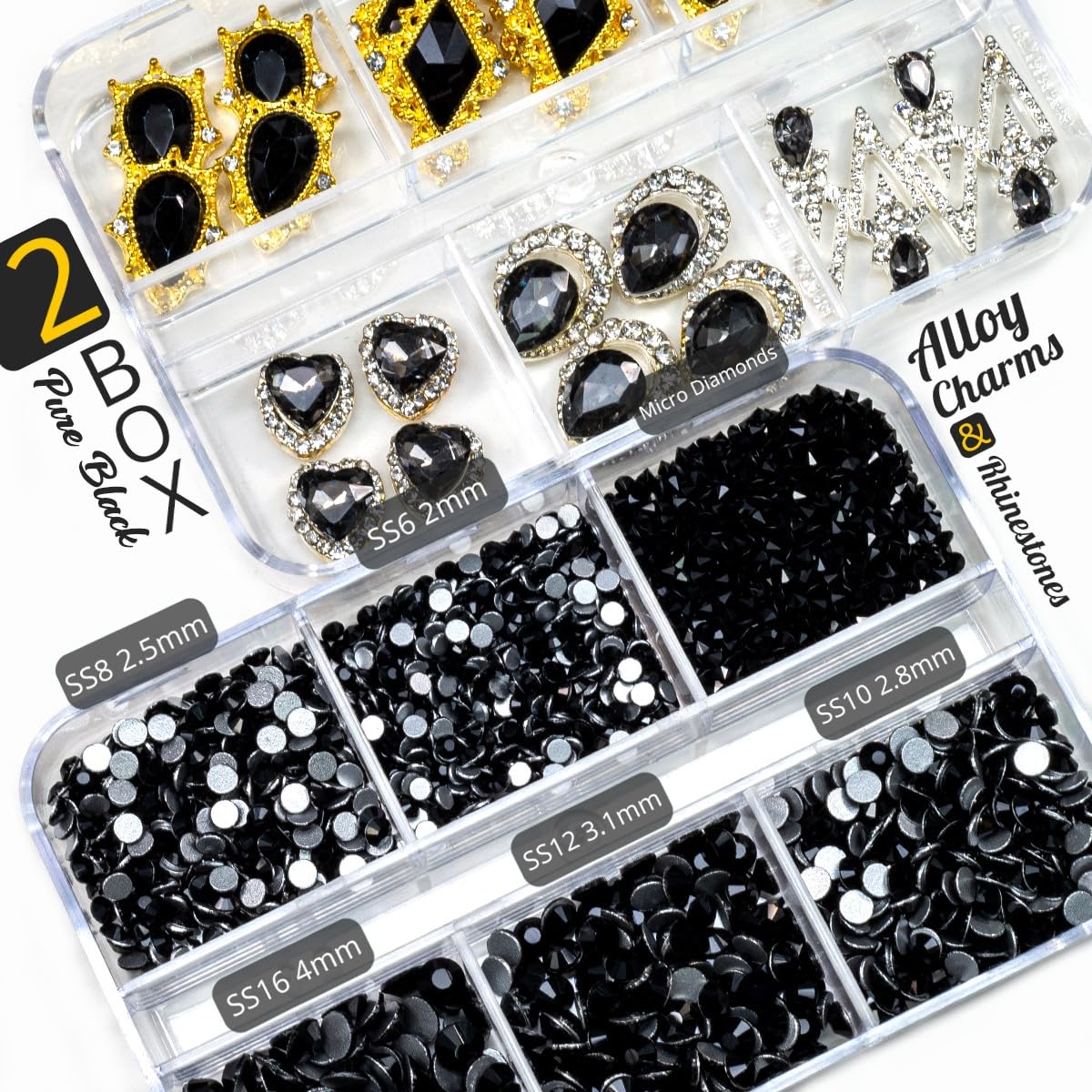 24pcs Black Luxury Nail Charms +2000pcs Jet Black Rhinestones 3D Big Nail Gems K9 Glass Nail Crystals Diamonds Jewelry Stones Alloy Nail Art Studs Decor Supplies Heart Charms for Arylic Nails Crafts