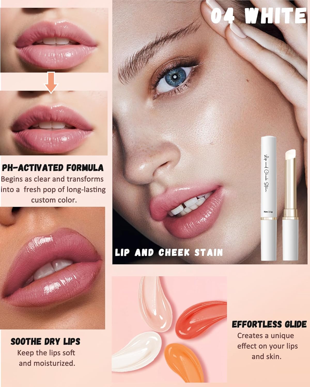 PH Color Changing Lipstick, Waterproof Temperature Color Change Lip Balm, Multi-Use Lip and Cheek Tinted Lip Gloss, Long-Lasting Hydrating Moisturizing Lip Tint,Festival Makeup Gift for Women-04 White