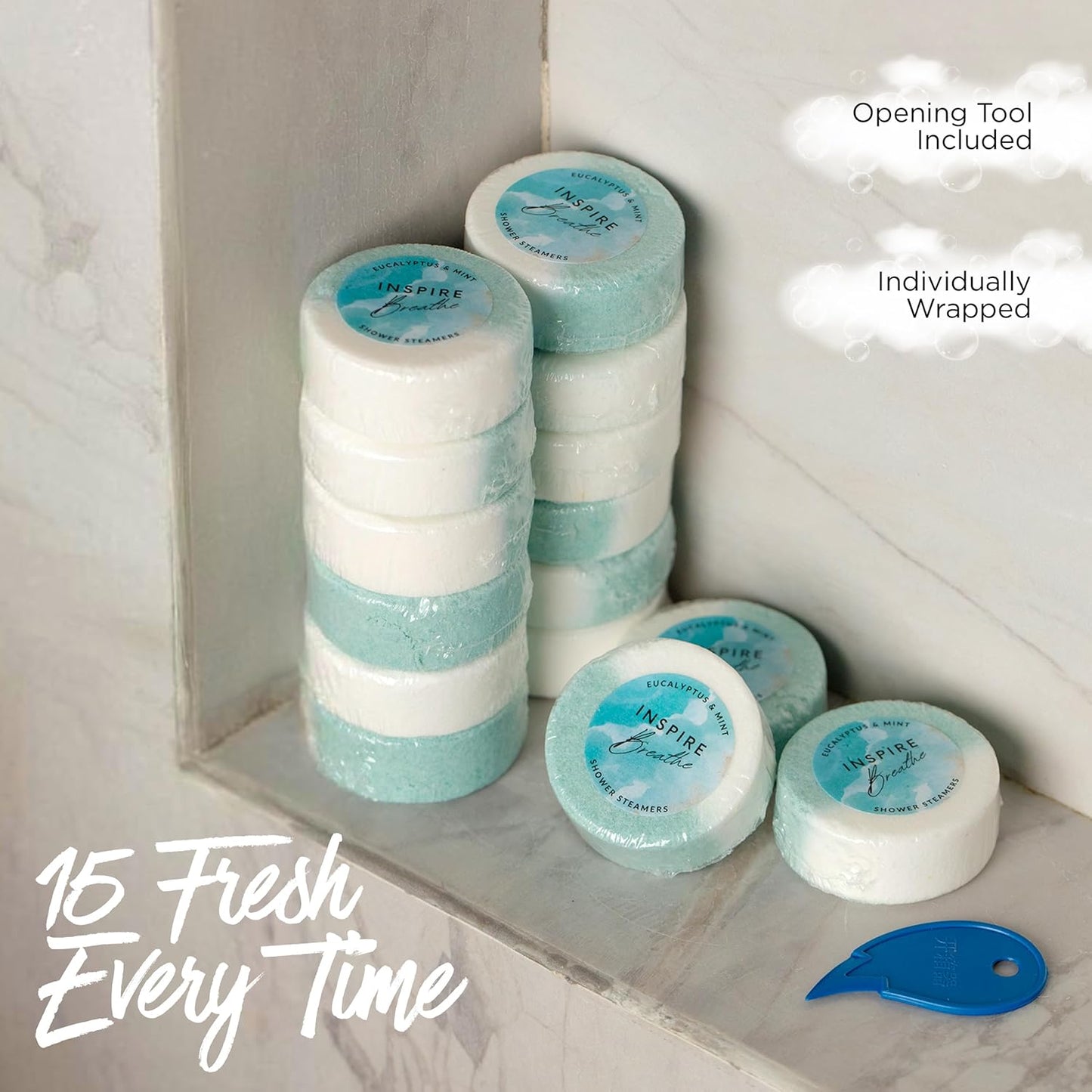 EvolutionUSA Inspire Breathe Shower Steamers, 15 Mint & Eucalyptus Shower Steamers for Women & Men, Refreshing Vapor Shower Tablets, Self Care Shower Bombs, Gift for Mother's Day, Easter, Birthday