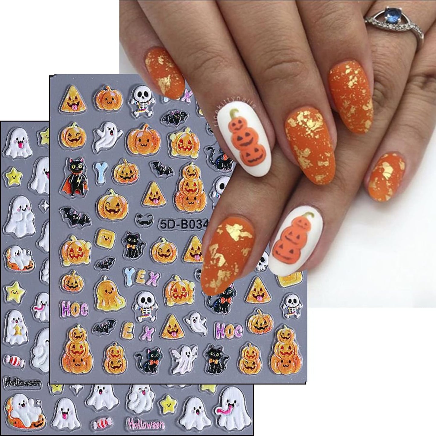 Halloween Nails Stickers White Cute Ghost Nails Sticker 5D Embossed Orange Pumpkins Self Adhesive Sticker Nail Decals Black Cat Nail Art Decal Halloween Decals for Nail DIY Manicure 2Sheet