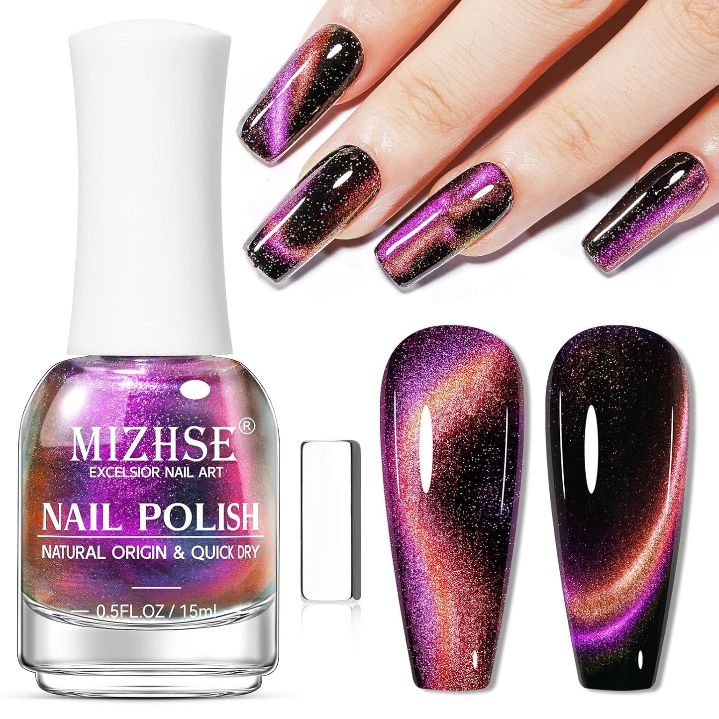 MIZHSE 9D Cat Eye Nail Polish Non Gel, Quick Dry Pink to Orange Magnetic Nail Polish with Magnet, Air Drying Fast Cateye Nail Lacquer Galaxy Effect Manicure Home Gift for Women 0.5 fl.oz 15ml