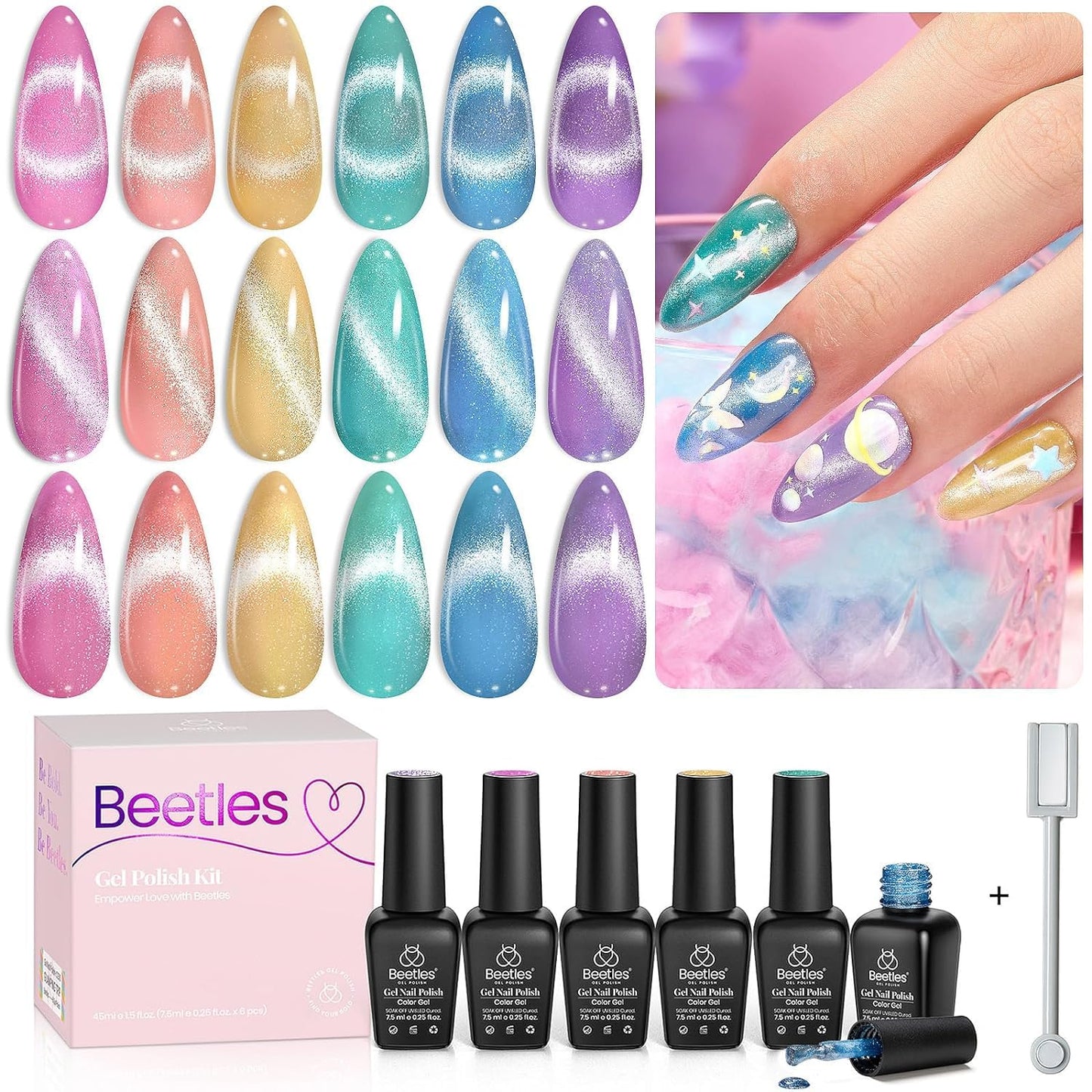 Beetles Spring Gel Nail Polish Set, 6 Colors Cat Eye Gel Nail Set Glitter Velvet Valentines Gel Polish Kit with Magnet Fairytale Series Soak Off Uv Led DIY Manicure Gift for Women