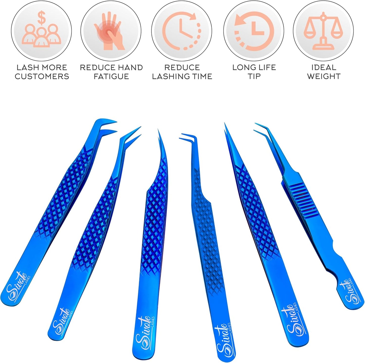 SIVOTE Eyelash Extension Tweezers Fiber Tips Japanese Steel, Set of 6 – Curved, Dolphin, 90° 45° Volume Boot & Slight Curved Tweezer – Professional Lash Tweezers for Lash Extensions Blue