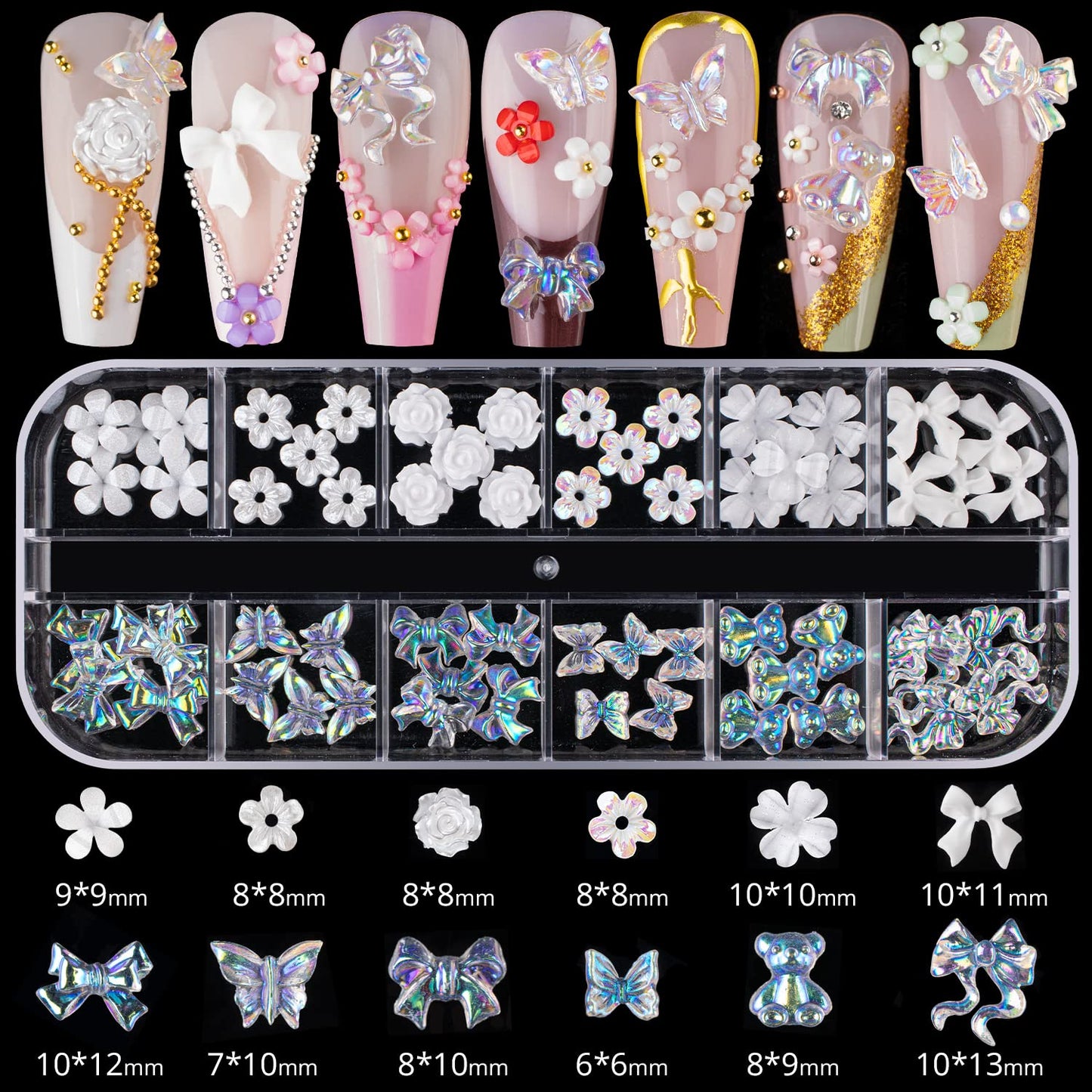 Mixed 3D Nail Art Gem Decoration Accessories Kit #1, Aurora Bear Bow Butterfly Starry AB Rhinestone Charm Jewelry for Deco, Pearl Flower Caviar Bead Stone Crystal with Dual-End Brush and Tweezer