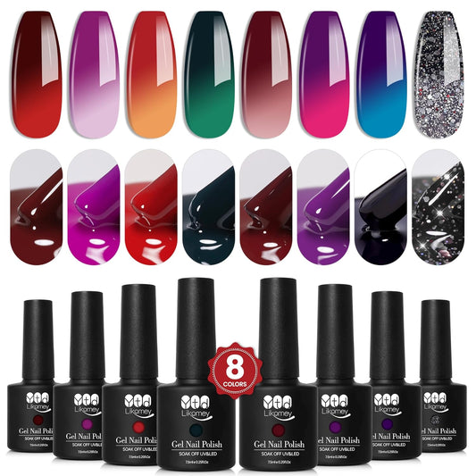 YTD Likomey Color Changing Gel Nail Polish Set,8 Colors Mood Temperature Change Colors Red Pink Green Blue Yellow Black Glitter Fall Winter UV Color Thermal Ombre Varnish Kit,7.5 ml 0.25 Fl Oz