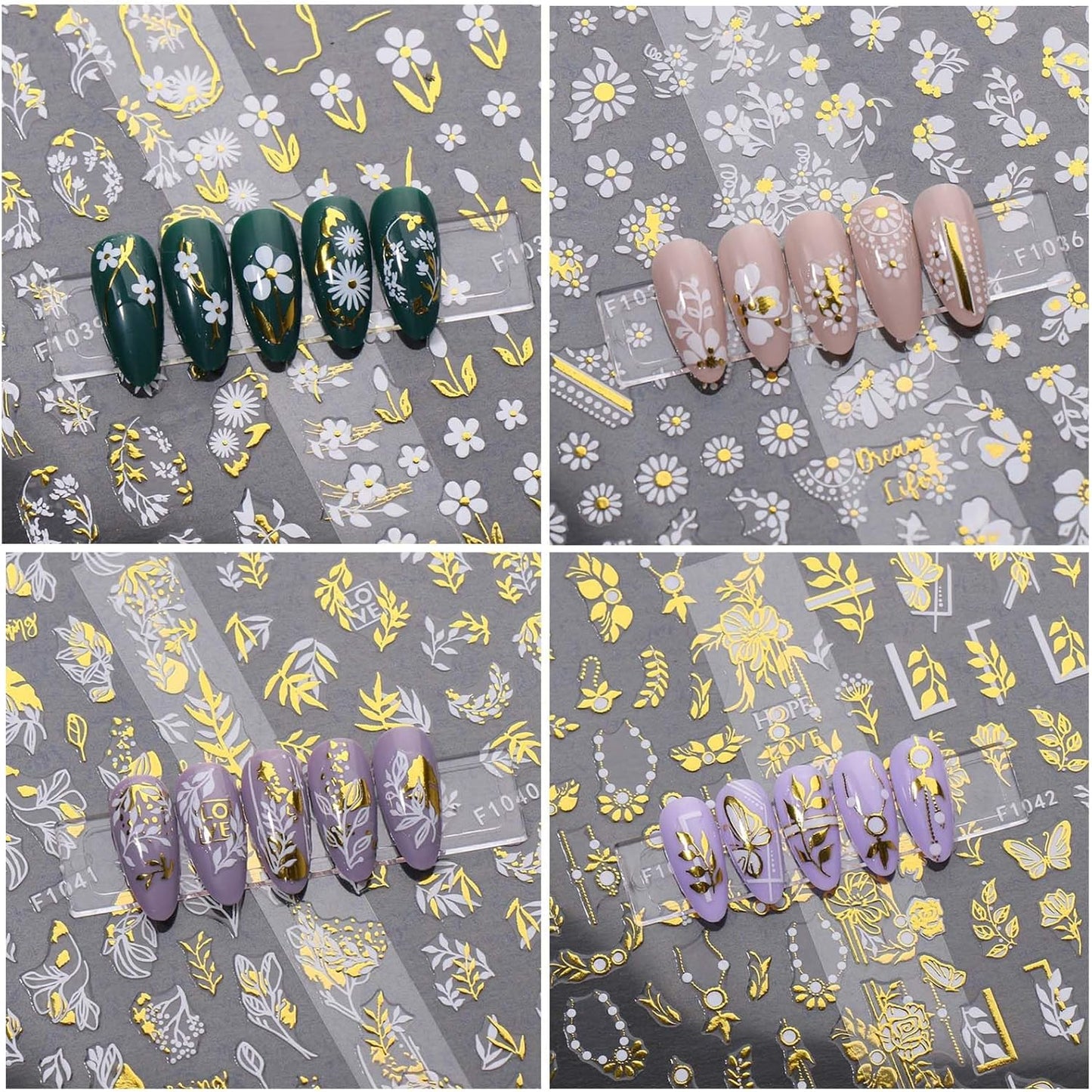 8 Sheets Gold Flower Nail Stickers - 3D Self-Adhesive Leaf Art Decals for Spring Designs - Manicure Decorations for Women, Style8