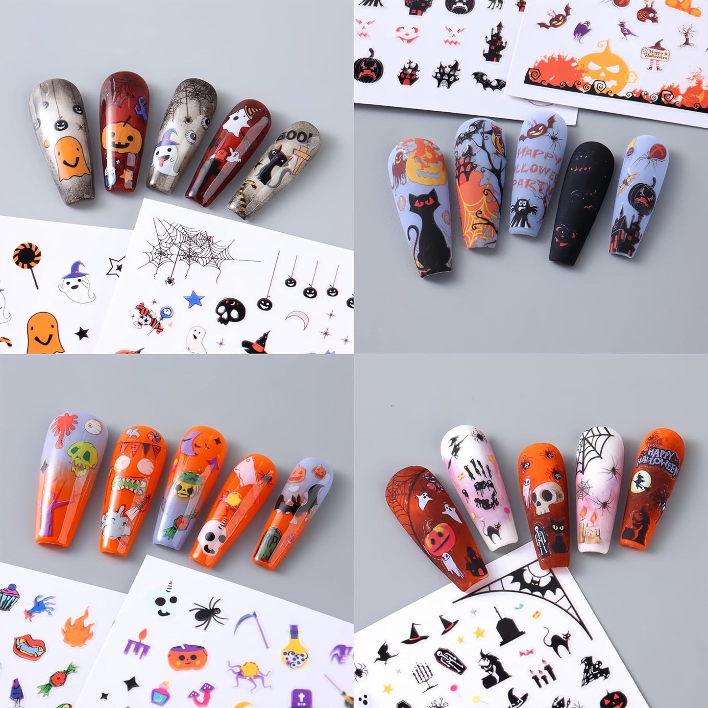 8Sheets Halloween Nail Art Stickers 3D Spider Web Nail Decals Acrylic Pumpkin Head Spider Web Bat Designs Clown Witch Hat Nail Design Halloween Nail Decorations Supplies for Women Manicure Decorations