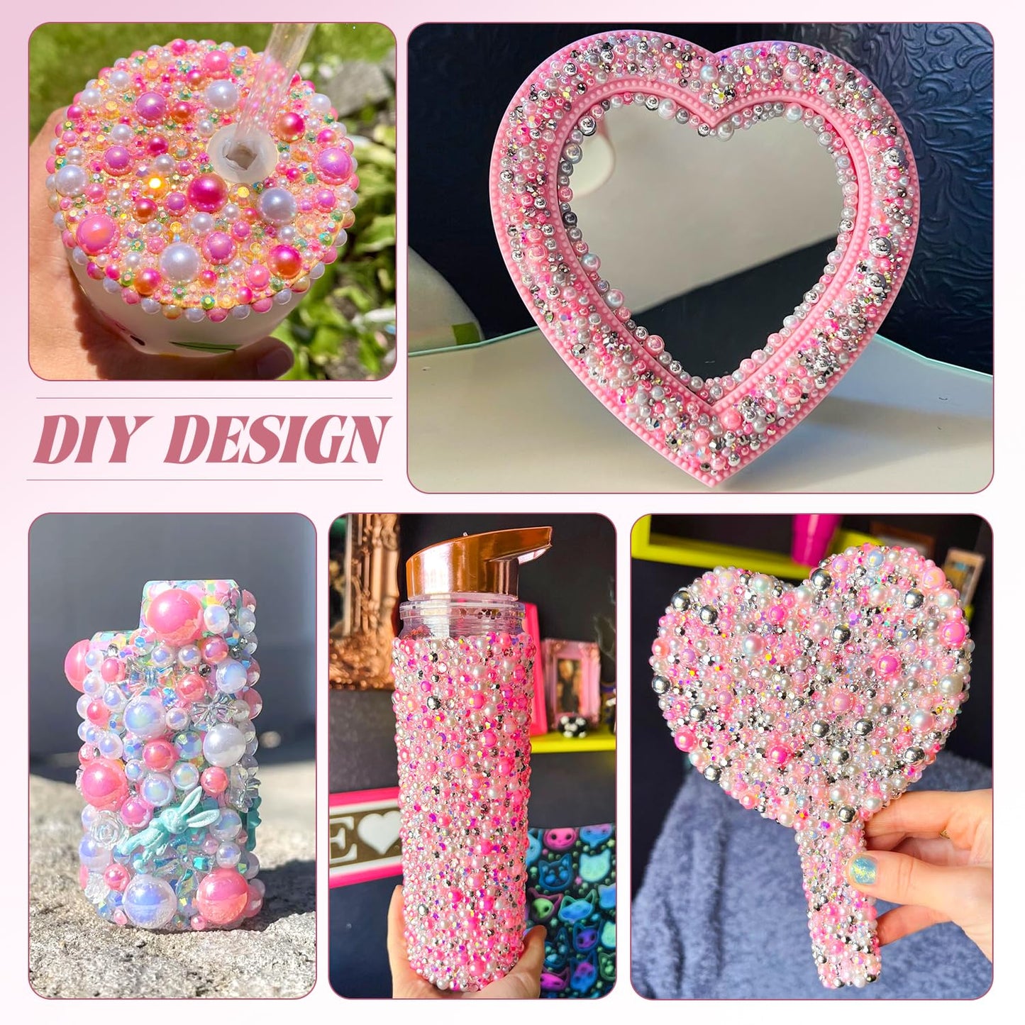 9000Pcs Flatback Pearls and Rhinestones for Crafting, Pink White Mixed Size 3-8mm Resin Rhinestones and Half Pearls for Bedazzling, Nail Art and Decoration with 3pcs B7000 Jewelry Glue