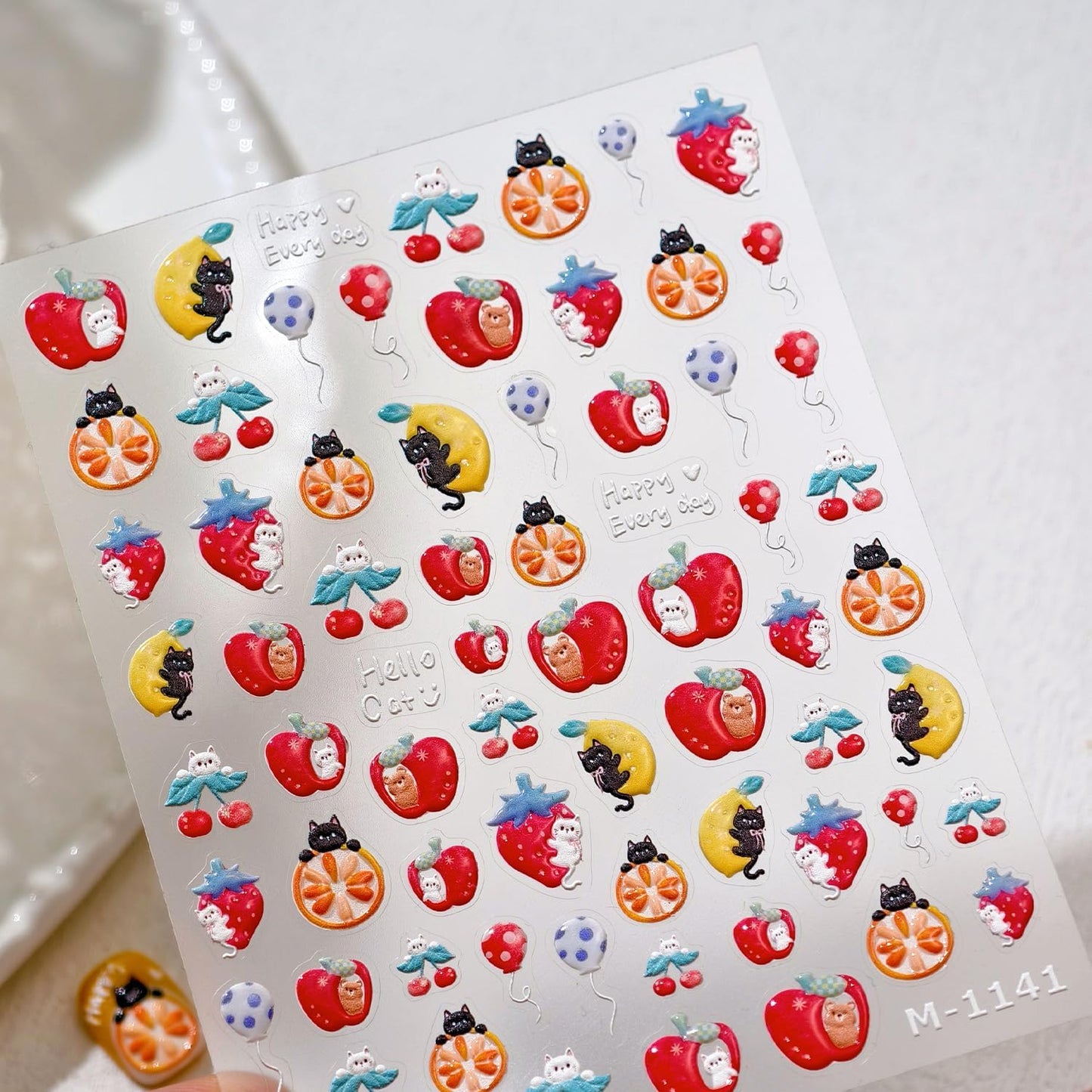 Apple Nail Art Stickers Cat Nail Decals for Nails Art Cute Nail Stickers Red Orange 5D Embossed Self Adhesive Fruit Nails Charms for Women Girls Kid Manicure DIY Decoration Accessories