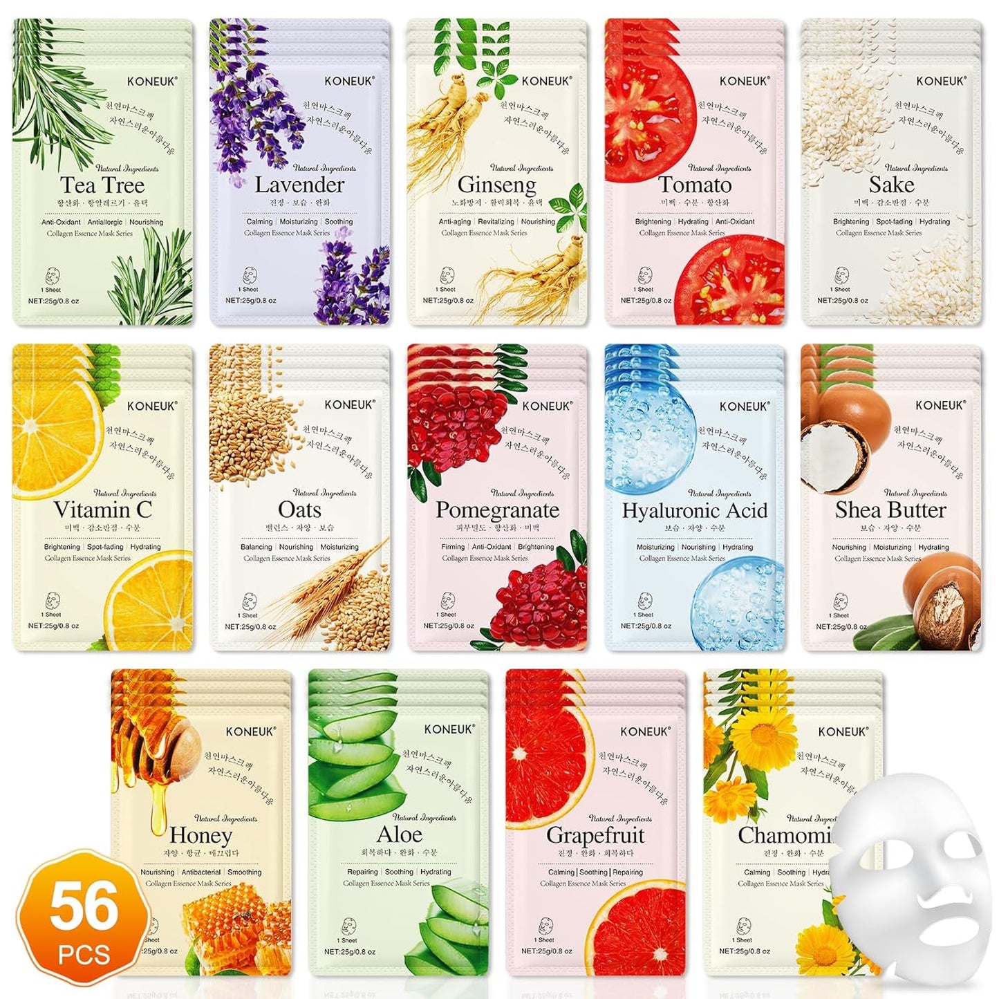 56 Pack Sheet Face Masks Skincare for Women, Hydrating Face Masks Suitable for Sensitive Skin, Bulk Facial Mask Gifts Set for Skin Care, Home Skincare Spa for All Skin Types