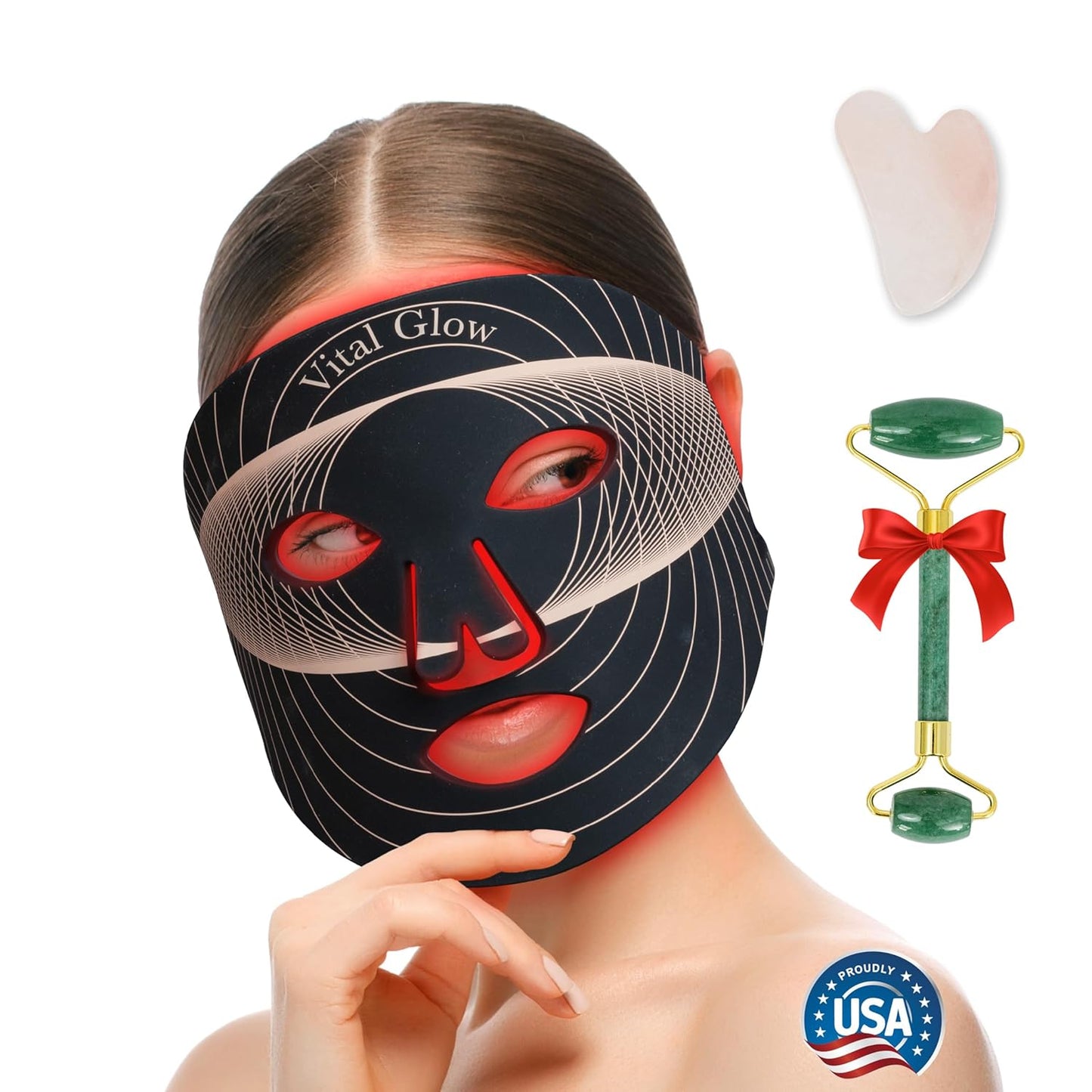 Red Light Therapy Mask, LED light Therapy for Face + Jade Roller & Gua Sha, At-Home Skincare Beauty Treatment, Anti-Aging, For Home, Portable & Rechargeable