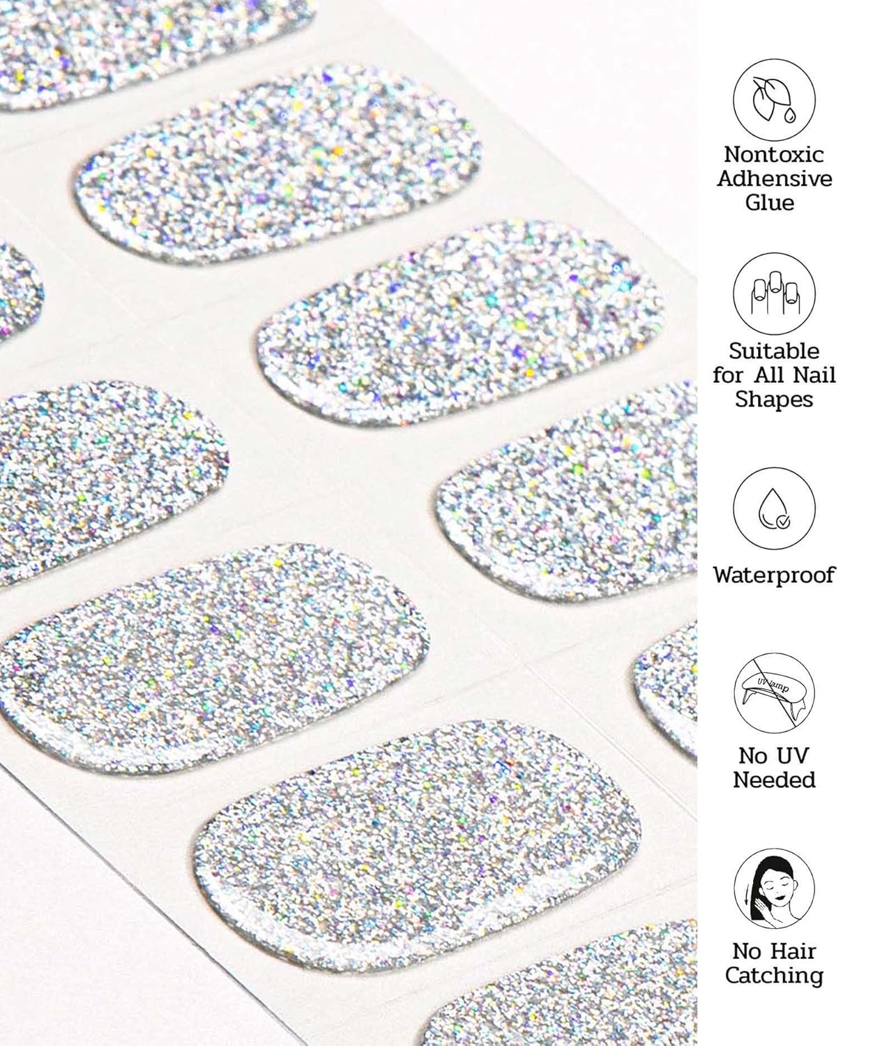 Nail Polish Strips - 22 Pcs Salon Quality Gel Nail Stickers - Long Lasting Wraps (Lightning Storm Silver Glitter)
