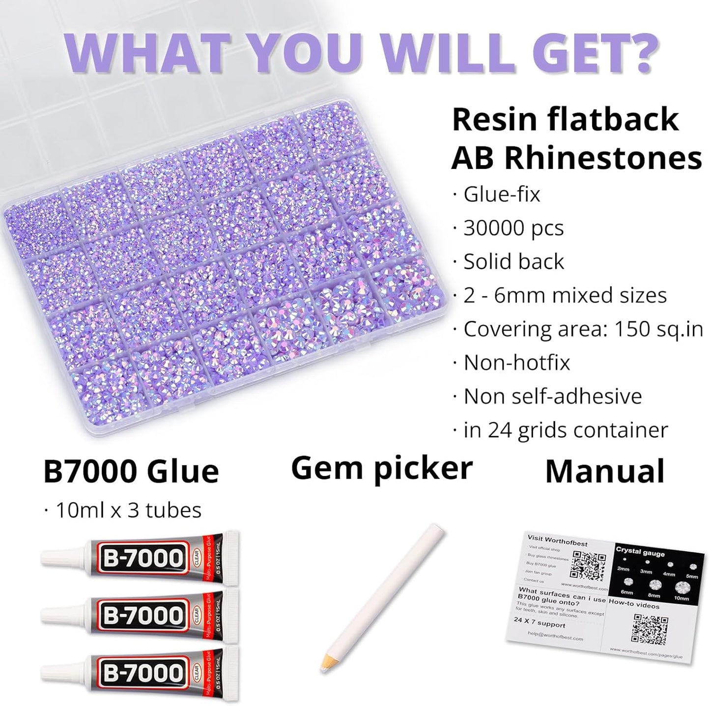 30000Pcs Resin Jelly Rhinestones Set for Crafting Bedazzling, Light Purple AB Flatback Gems Jewels for Crafts Clothes Shoes Fabric Outfit Nails Makeup, Flat Back Lavender Crystal 2-6mm with b7000 Glue