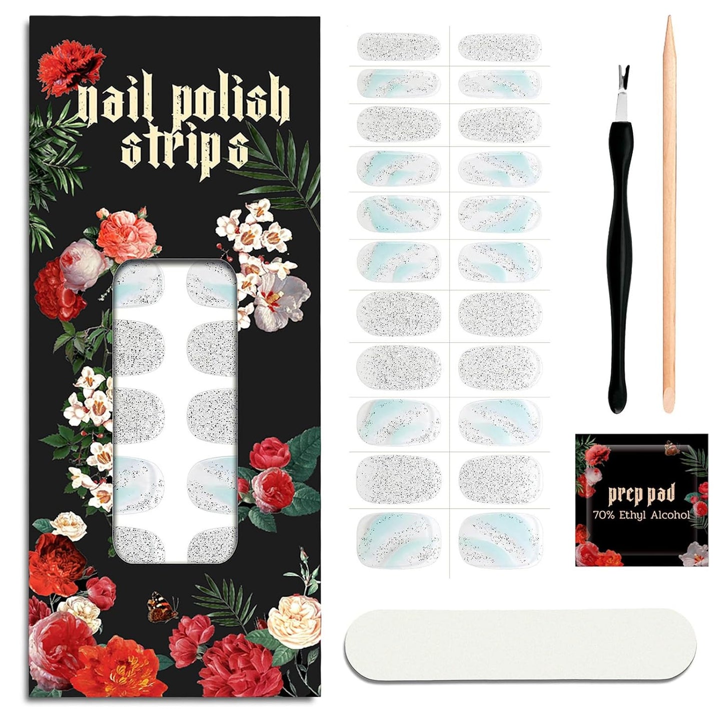 Nail Polish Strips - 22 Pcs Salon Quality Gel Nail Stickers - Long Lasting Wraps (Crystal Ice Sliver)