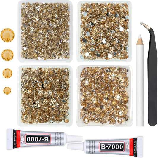 Champagne Golden Crystal Resin Rhinestones w B7000 Jewelry Glue for Bedazzling Crafting Flatback Stones 3mm 4mm 5mm 6mm Diamonds Crystals Gems Charms for Nails Face Eyes Makeup Tumblers Crafts