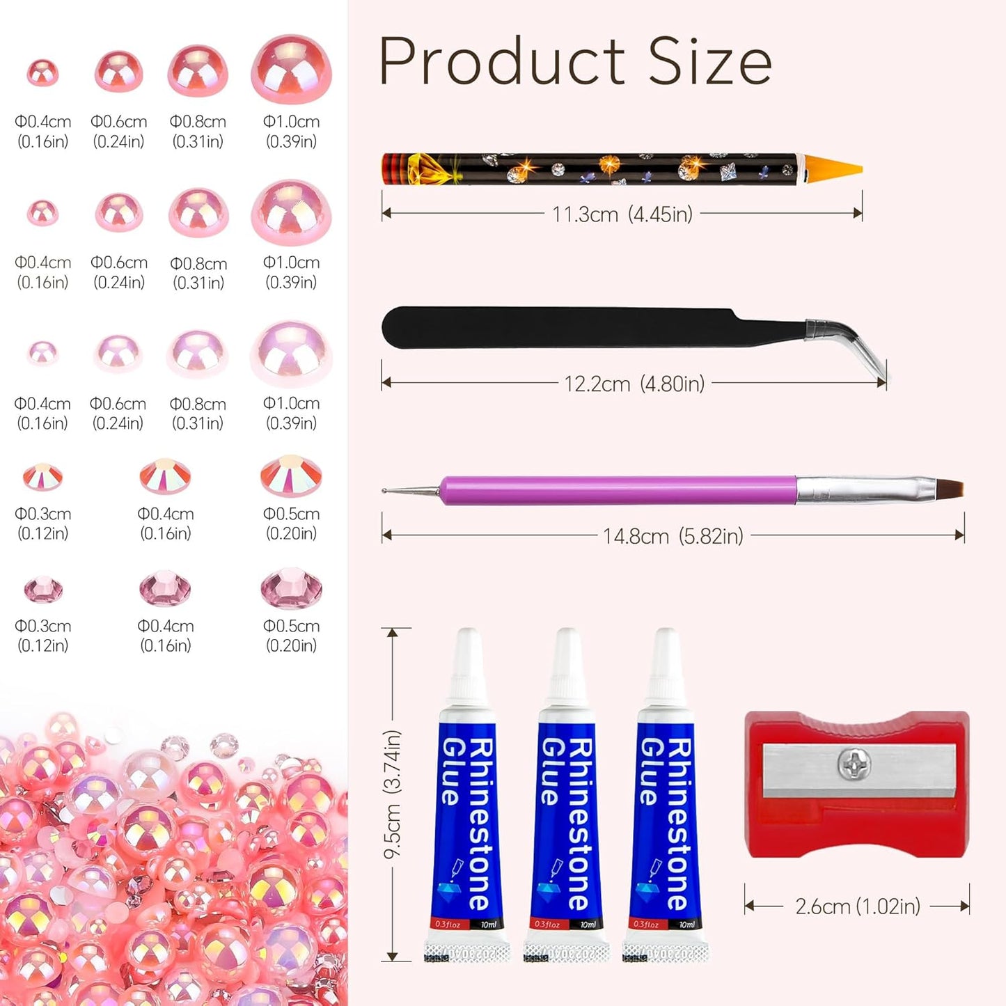 60g Pale Pink Flat Back Pearls Rhinestones for Crafts Mixed Size 3mm-10mm AB Color Round Half Pearls Flatback Pearl Beads and Resin Rhinestones Set for Face Art with Gle