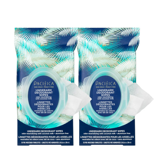 Pacifica Beauty Coconut Milk & Essential Oils Underarm Deodorant Wipes, Helps Remove Odor, Aluminum-Free, Vegan & Cruelty-Free, 30 Wipes (2-Pack)