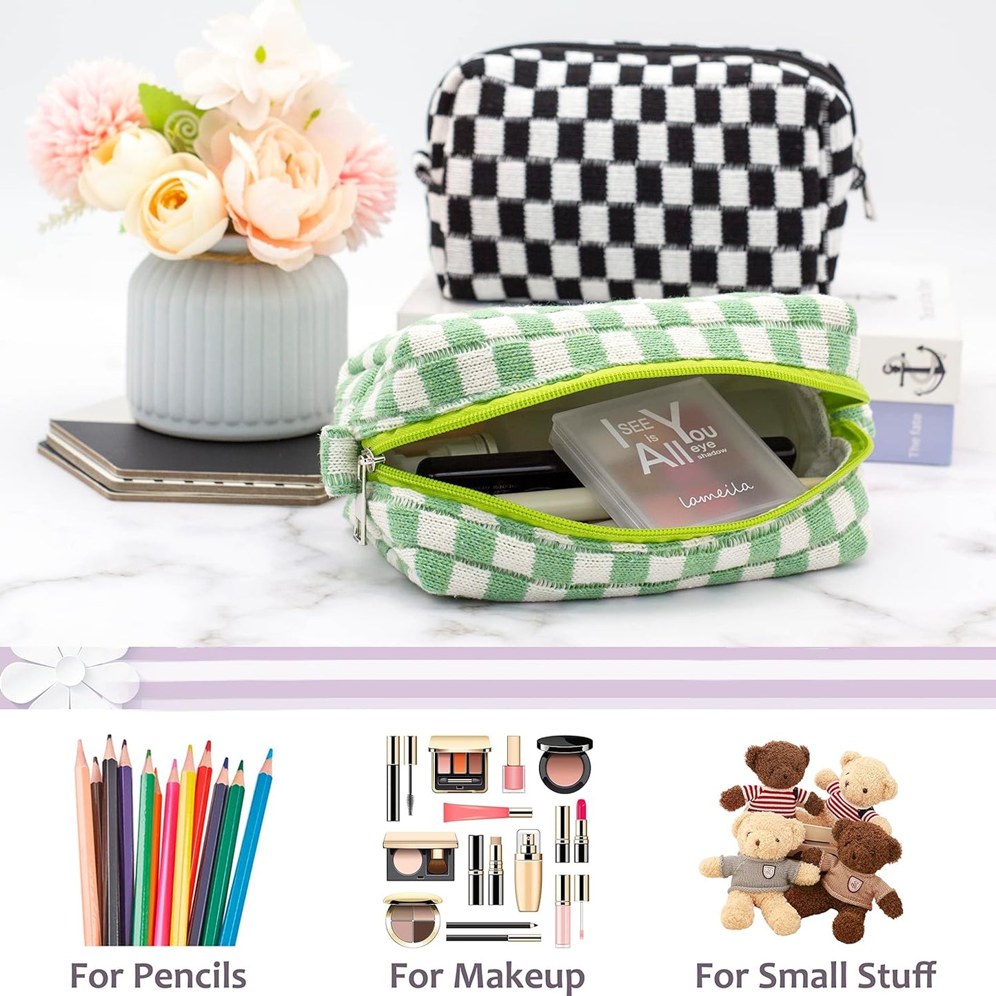 PAZIMIIK Checkered Makeup Bag for Purse Portable Zipper Make Up Pouch Small Cosmetic Case for Travel Accessories (Light Green)