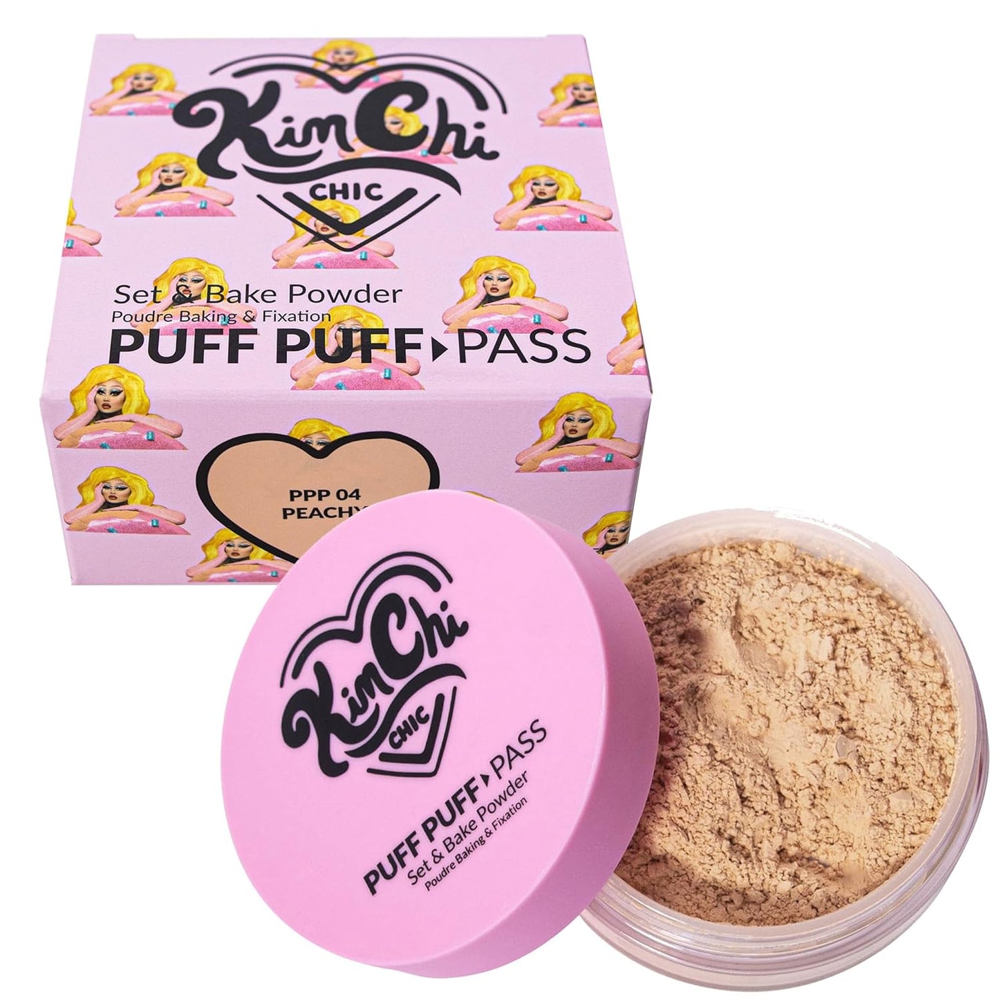 Kimchi Chic Beauty Puff Puff Pass Set and Bake Setting Powder for Makeup, Extra Fluffy Loose Face Powder Poof, Soft Natural Face Makeup for Uneven Skin Tone, 04 Peachy