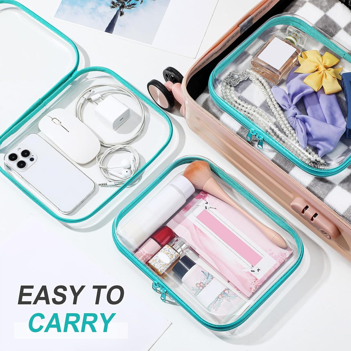 Sanwuta 6 Pcs Clear Hard Zipper Case Pencil Pouches Hard Plastic Zipper Pouches Makeup Bag Transparent Cases for Snacks Plastic Storage Organizer Box for Travel(Teal,9.84 x 7.87 x 2 Inch)