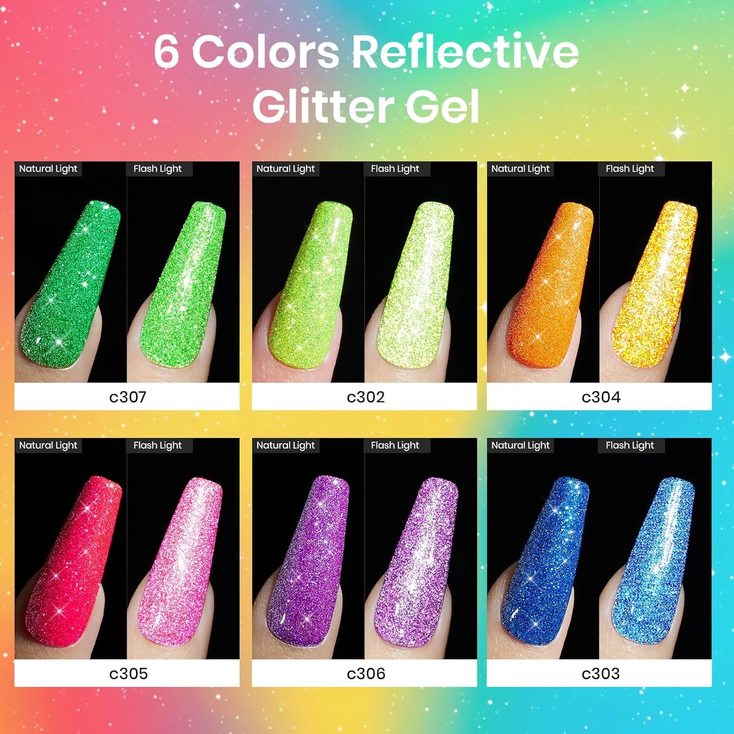 beetles Gel Polish Neon Carnival 6 Colors Reflective Glitter Gel Nail Polish Set Nails Blue Hot Pink Purple Soak Off Uv Led Sparkly bright Colors Halloween Nail Polish Kit Gift for Women