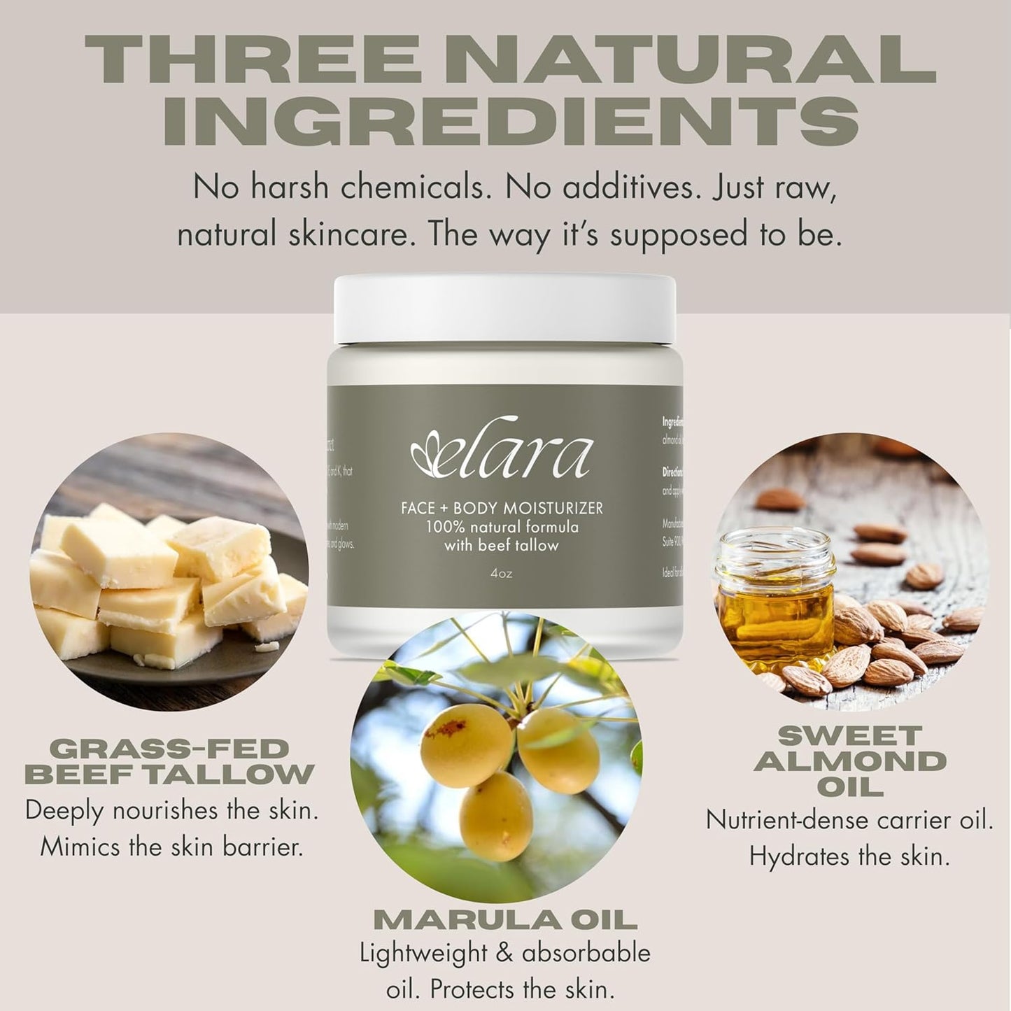 Elara Beef Tallow For Skin - Whipped Tallow Balm For Face And Body - 100% Grass-Fed Tallow Skin Balm With Marula And Sweet Almond Oil - 4 Fl. Oz. - Lavender