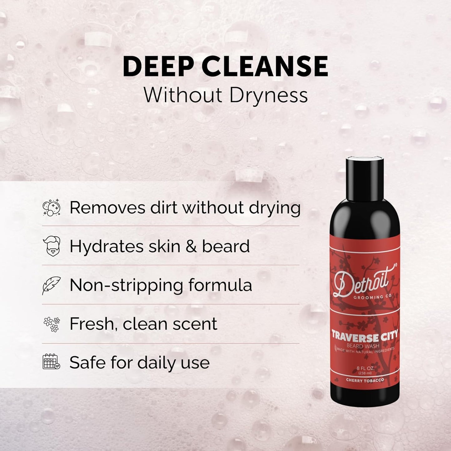Detroit Grooming Co. Beard Wash - Men's Beard Shampoo - Deeply Cleanses & Refreshes Beards - Aloe Vera with Essential Oils - Beard & Mustache Cleanser - Cherry Tobacco Scent - Traverse City - 8oz