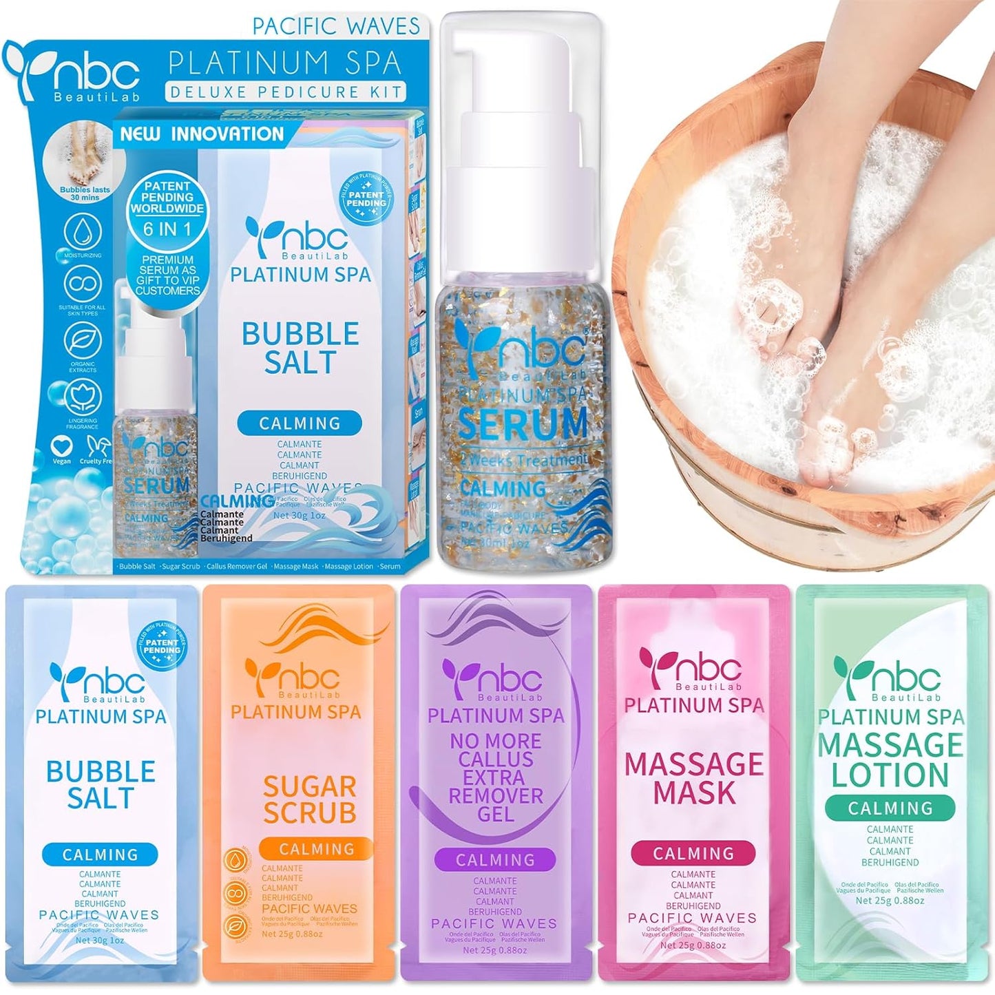 Pedicure Foot Soak Set - Upgraded 6 in 1 Foot Spa, Foot Bath Spa, Pedicure Kit, Foot Soak for Tired & Dry Cracked Feet, Athletes Feet and Calluses (Pacific Waves)