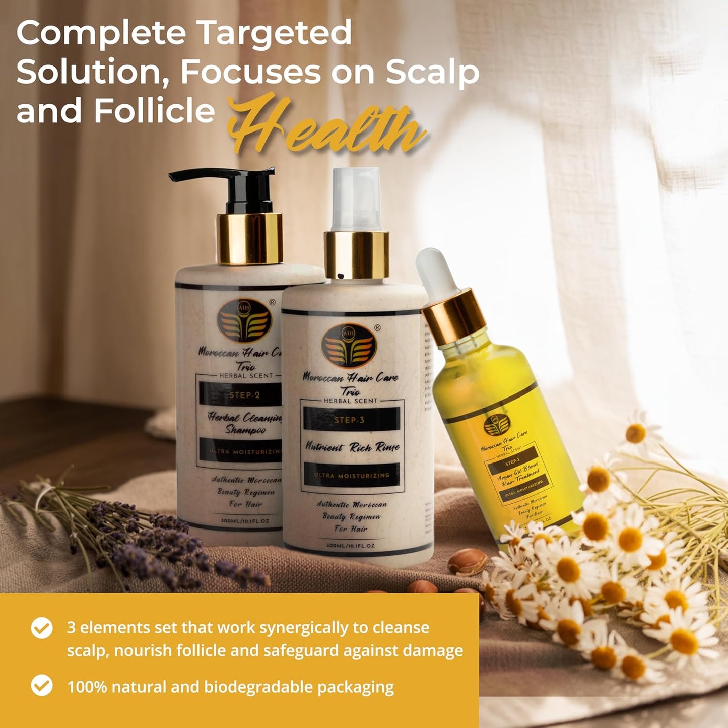 Moroccan Hair Care Trio – Premium 3-Step System for Scalp & Follicle Health – Argan Oil, Herbal Shampoo & Leave-In Rinse – 30+ Botanicals – Dermatologist Approved – Sulfate-Free, Clean