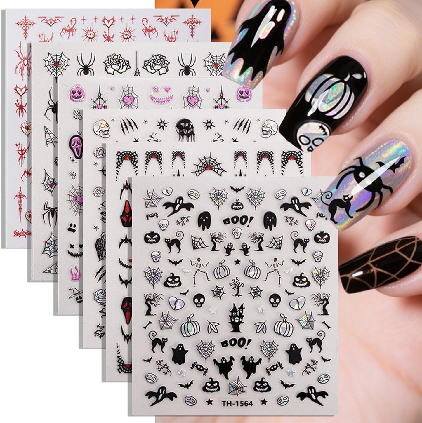 Halloween Nail Stickers Cute Ghost Nail Art Stickers Spider Web Pumpkin Spider Skeleton Bat Flower Design Halloween Nail Decals for Nail Art Holiday Acrylic DIY Nail Decoration 6Pcs