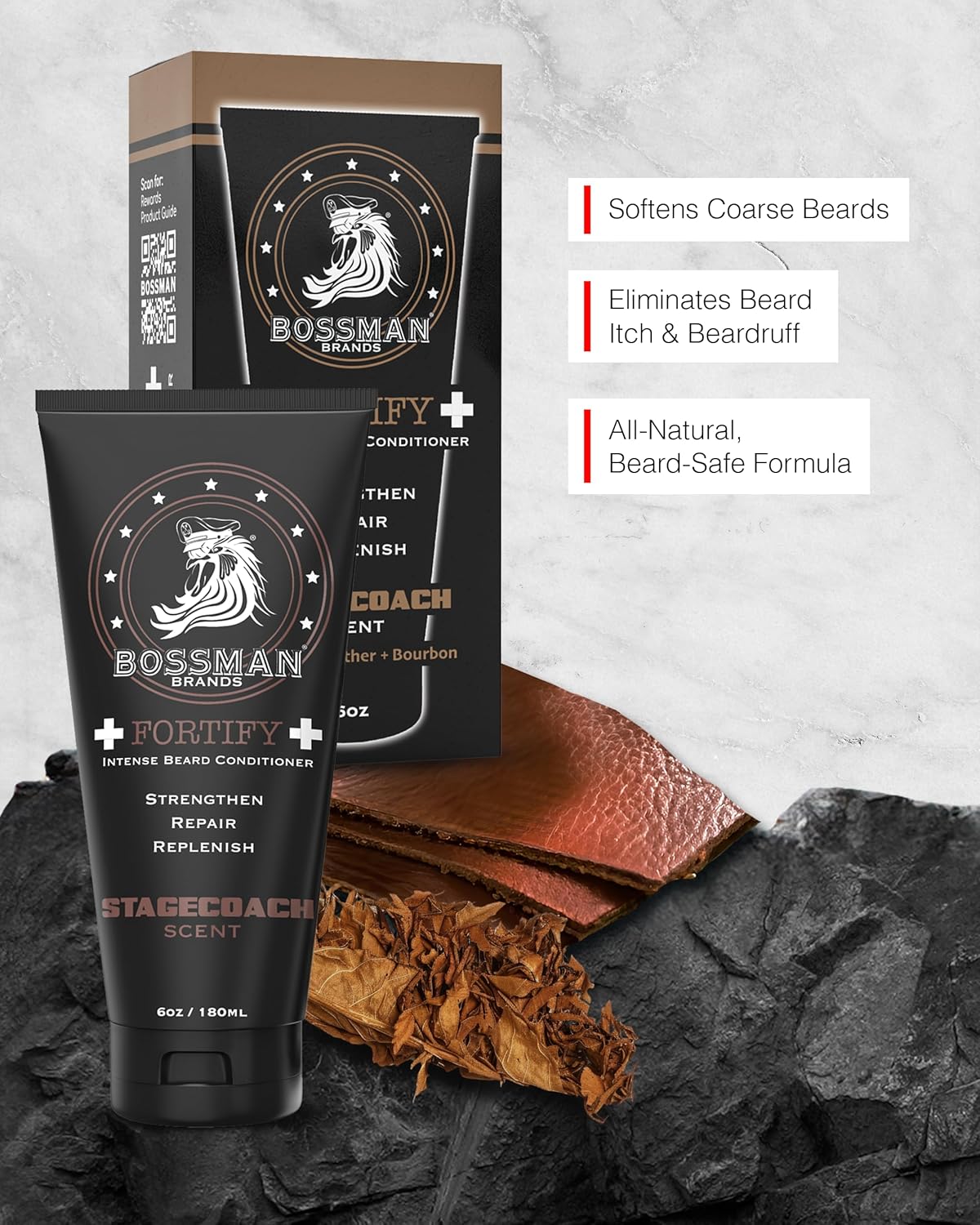 Bossman Fortify Intense Beard Conditioner for Men (Stagecoach Scent) – Moisturizes, Replenishes & Protects with Natural Ingredients – Thicker Formula, Made in USA